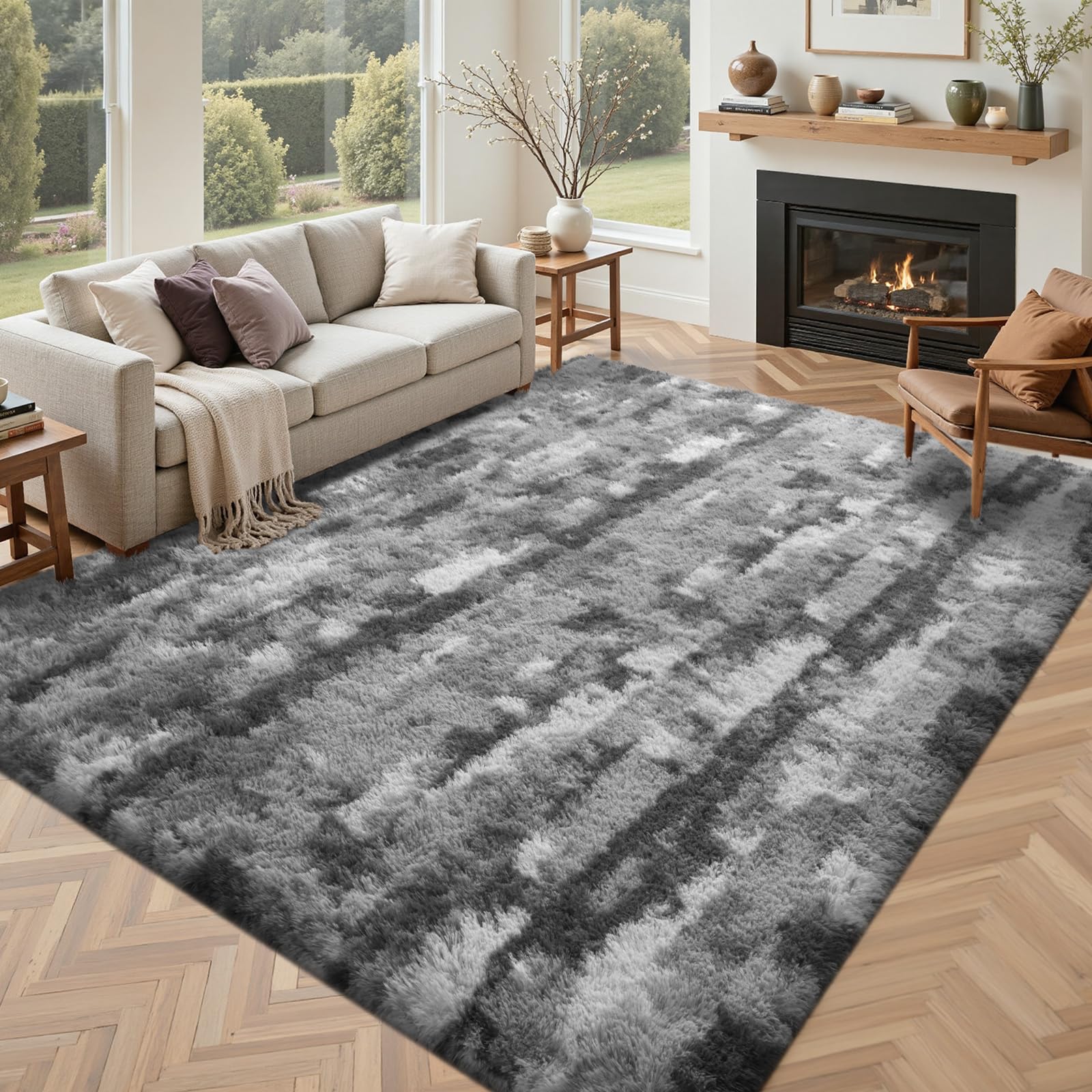 5×7ft Grey Fluffy Tie-Dyed Rug, Soft Shag Carpet for Home Decor
