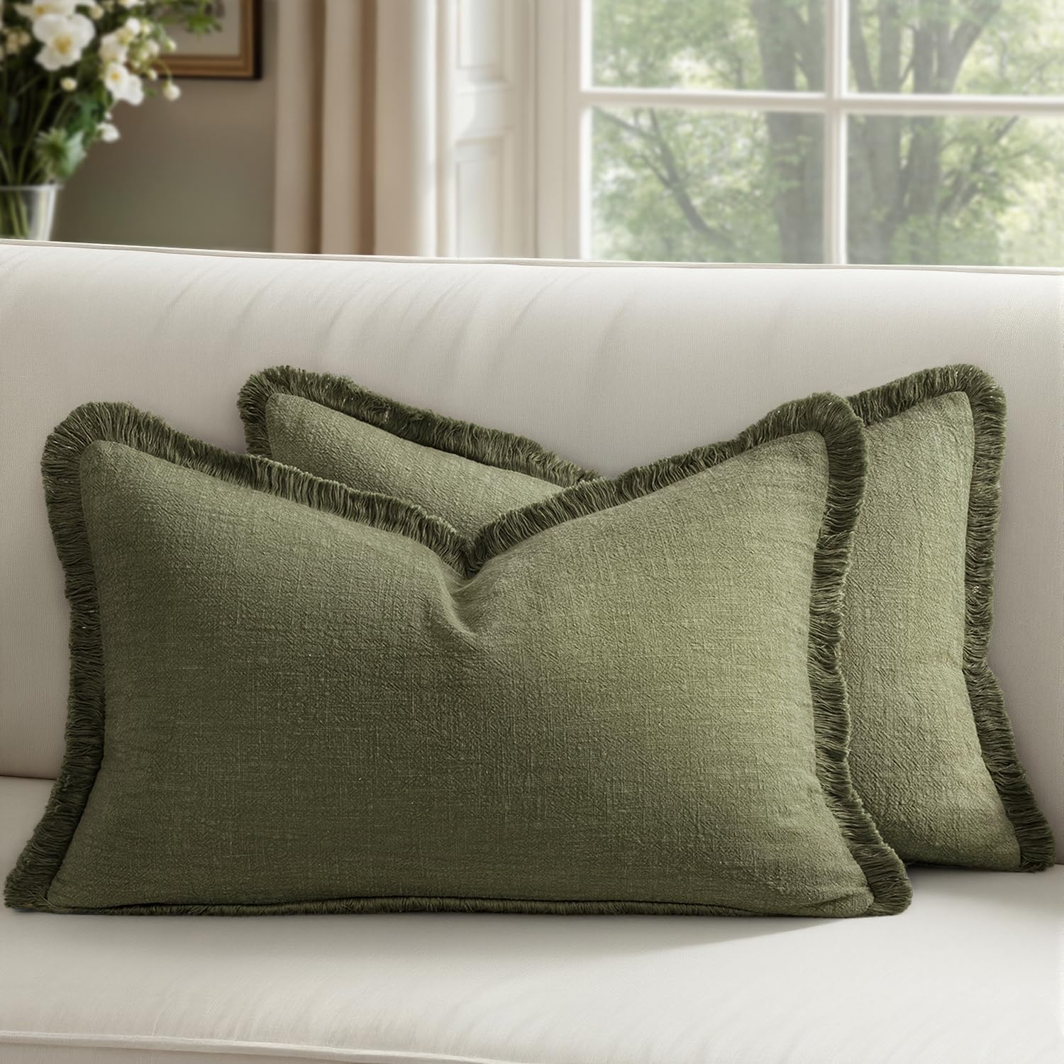 Decorative Linen Fringe Throw Pillow Covers Boho Farmhouse Soft Euro Accent Pillowcases with Tassels for Bed Couch Sofa Living Room Bedroom,24x24 Inch Set of 2,Brown
