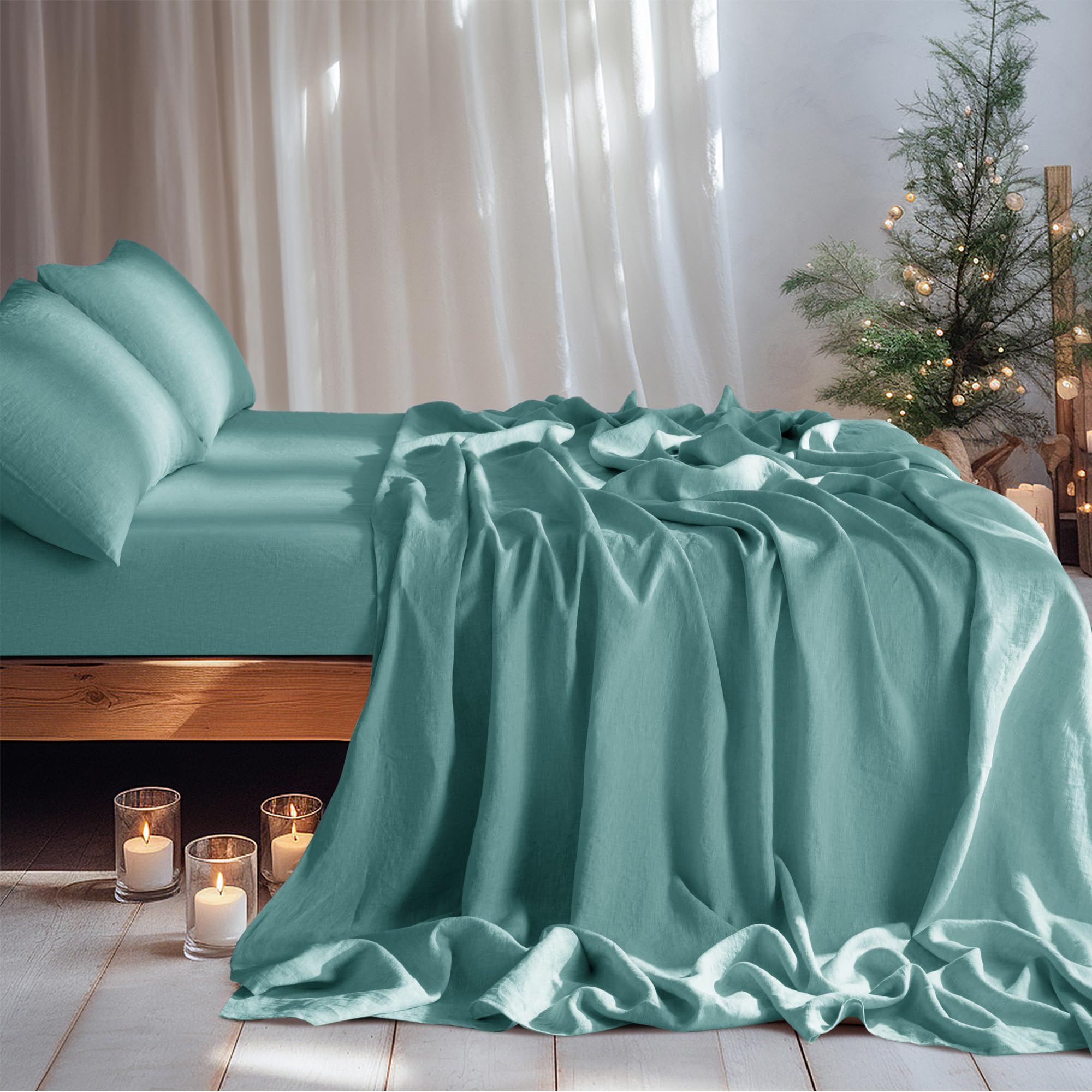 LBRO2M 100% Linen Sheet Set Deep Pocket Fit Up to 19" Bed Sheets Sets, Natural Flax Beddings Soft, Breathable, Comfortable for All Year Round 4 Pcs Sheet Set (Queen, Linen)