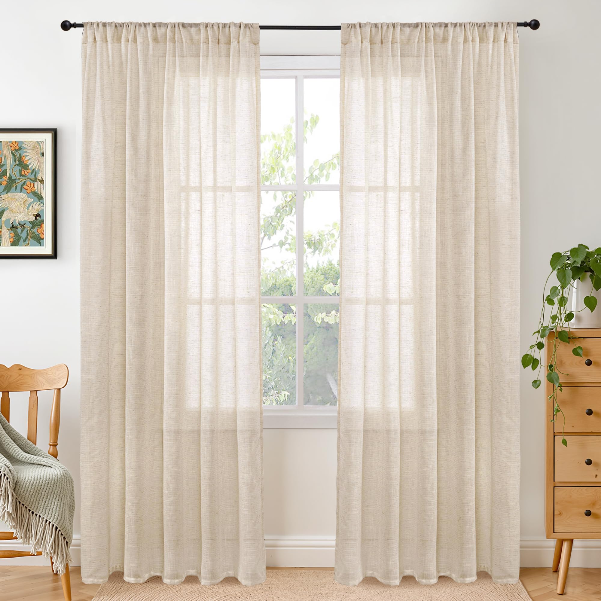BGment 90 Inches Long Curtains Linen Semi Sheer, Light Filtering Window Treatments Drapes with Rod Pocket Lightweight for Living Room Bedroom, 2 Panels, 52 Inch Wide Each Panel