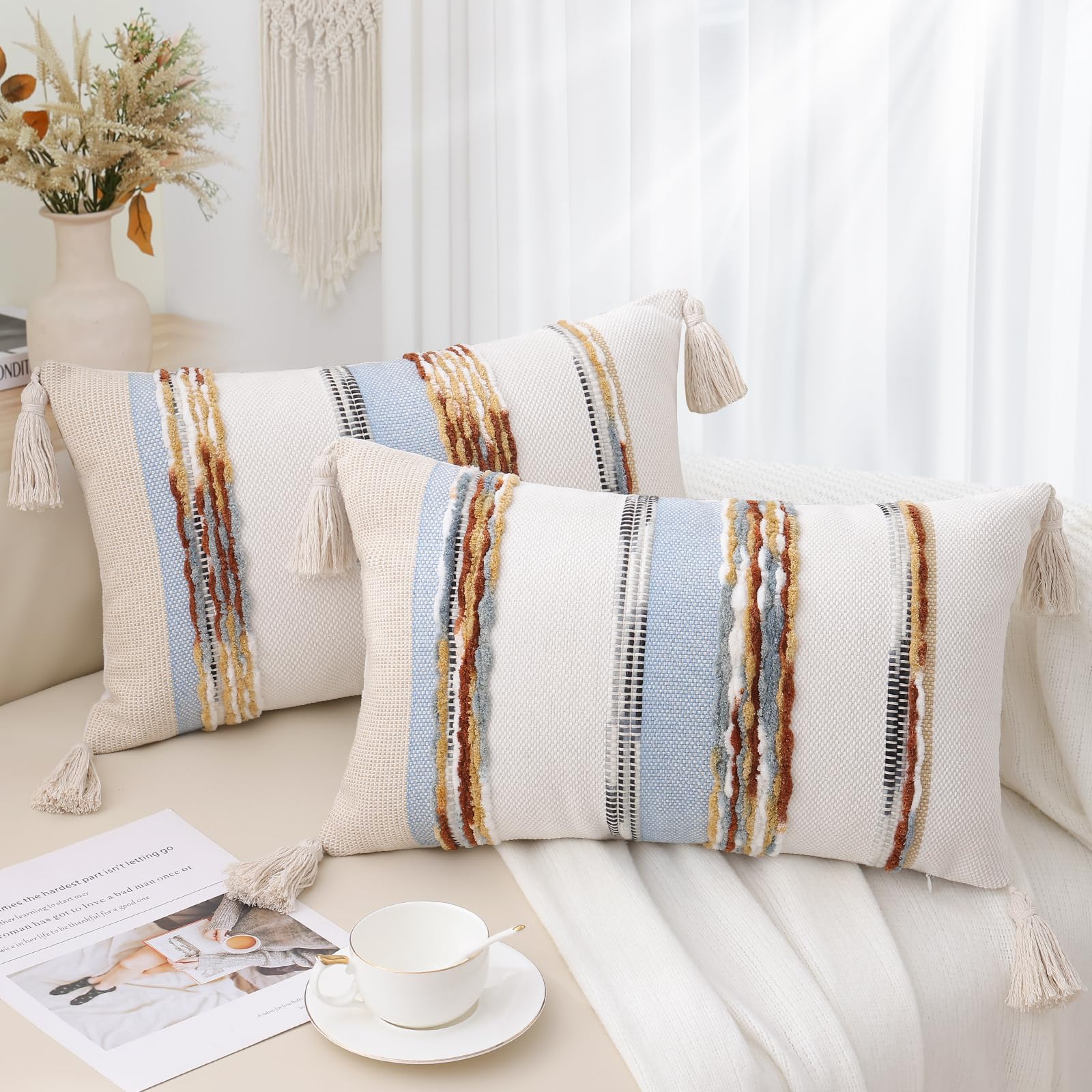 Simmore Fall Boho Decorative Throw Pillow Covers 12x20 Set of 2, Tufted Farmhouse Pillow Covers with Tassels for Cozy Bohemian Couch Sofa Bedroom Home Decor, Rust