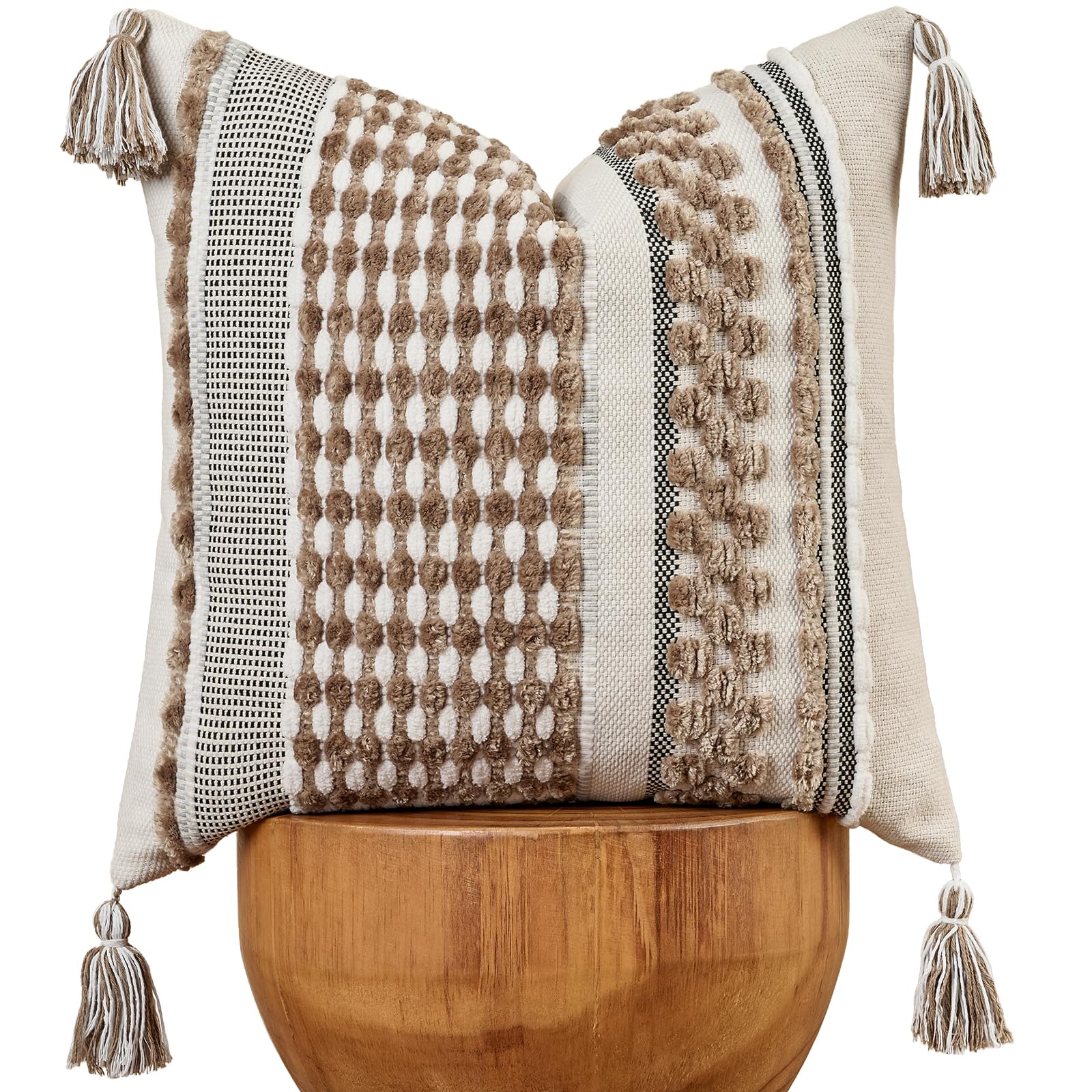 AmHoo Set of 2 Chenille Striped Tufted Textured Boho Throw Pillow Covers Aesthetic with Tassels Woven Decorative Pillow Case for Couch Bed Sofa Bedroom Modern Funky 18 x 18-Inch Brown White