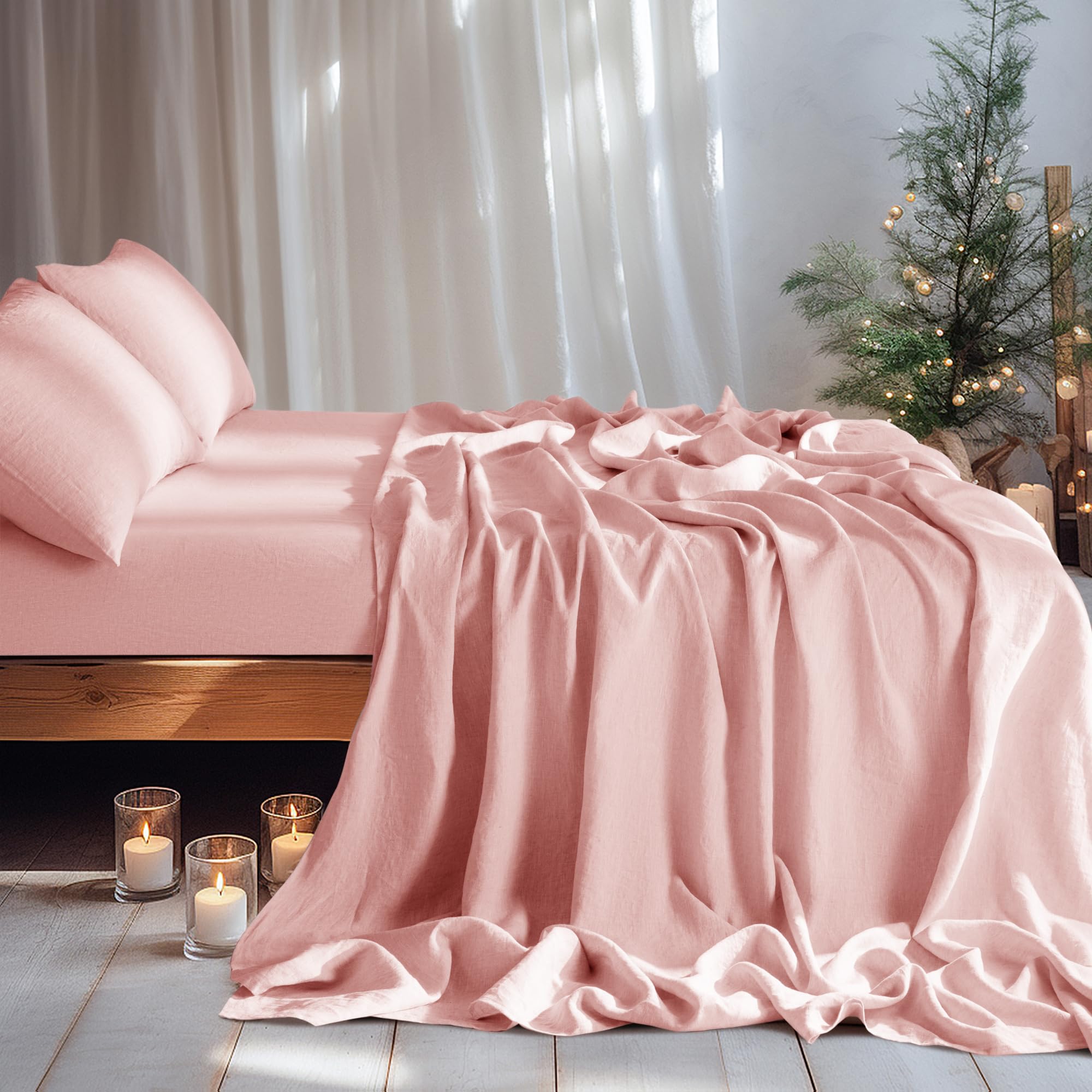 LBRO2M 100% Linen Sheet Set Deep Pocket Fit Up to 19" Bed Sheets Sets, Natural Flax Beddings Soft, Breathable, Comfortable for All Year Round 4 Pcs Sheet Set (Queen, Linen)