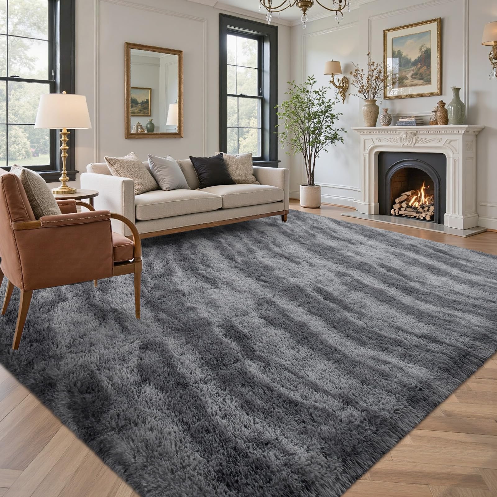 5×7ft Grey Fluffy Tie-Dyed Rug, Soft Shag Carpet for Home Decor