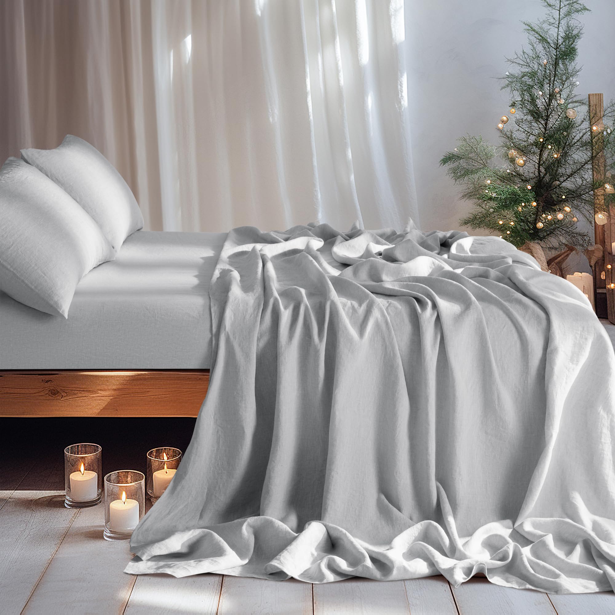 LBRO2M 100% Linen Sheet Set Deep Pocket Fit Up to 19" Bed Sheets Sets, Natural Flax Beddings Soft, Breathable, Comfortable for All Year Round 4 Pcs Sheet Set (Queen, Linen)