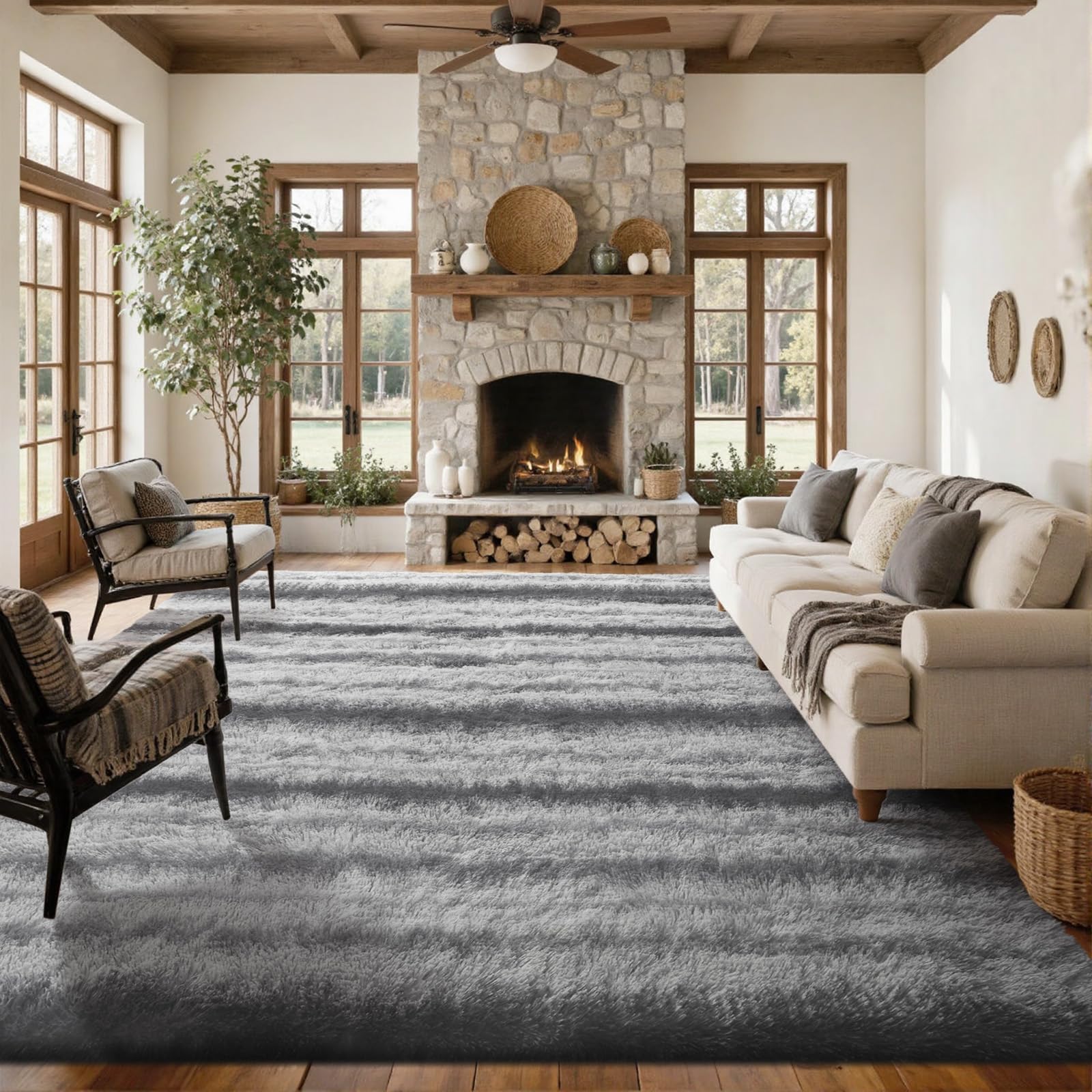 5×7ft Grey Fluffy Tie-Dyed Rug, Soft Shag Carpet for Home Decor