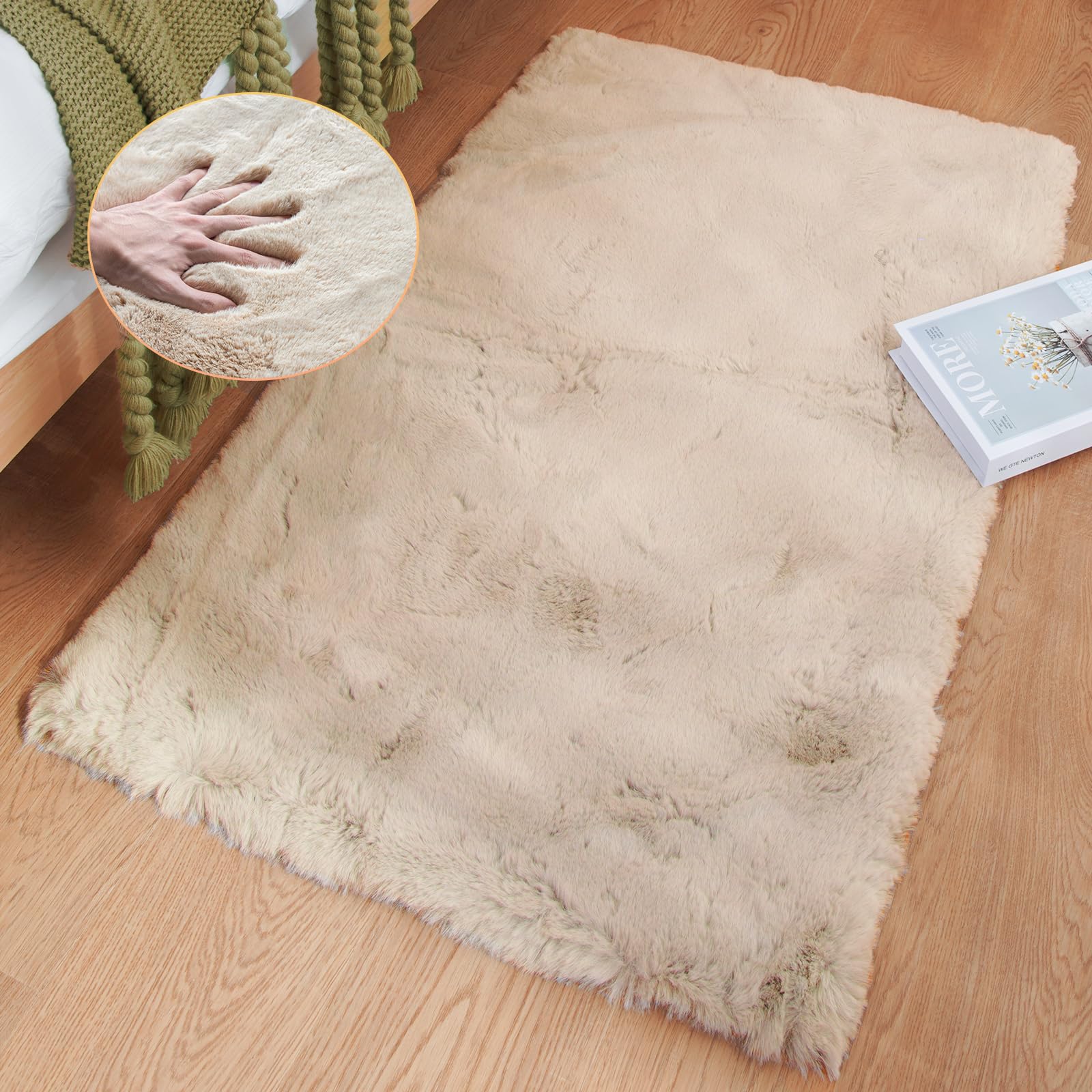 ORINOVA White Faux Rabbit Fluffy Fur Rugs for Bedroom Machine Washable Furry Area Rugs for Living Room Smal 2x4 Shag Runner Rug Nursery Rug