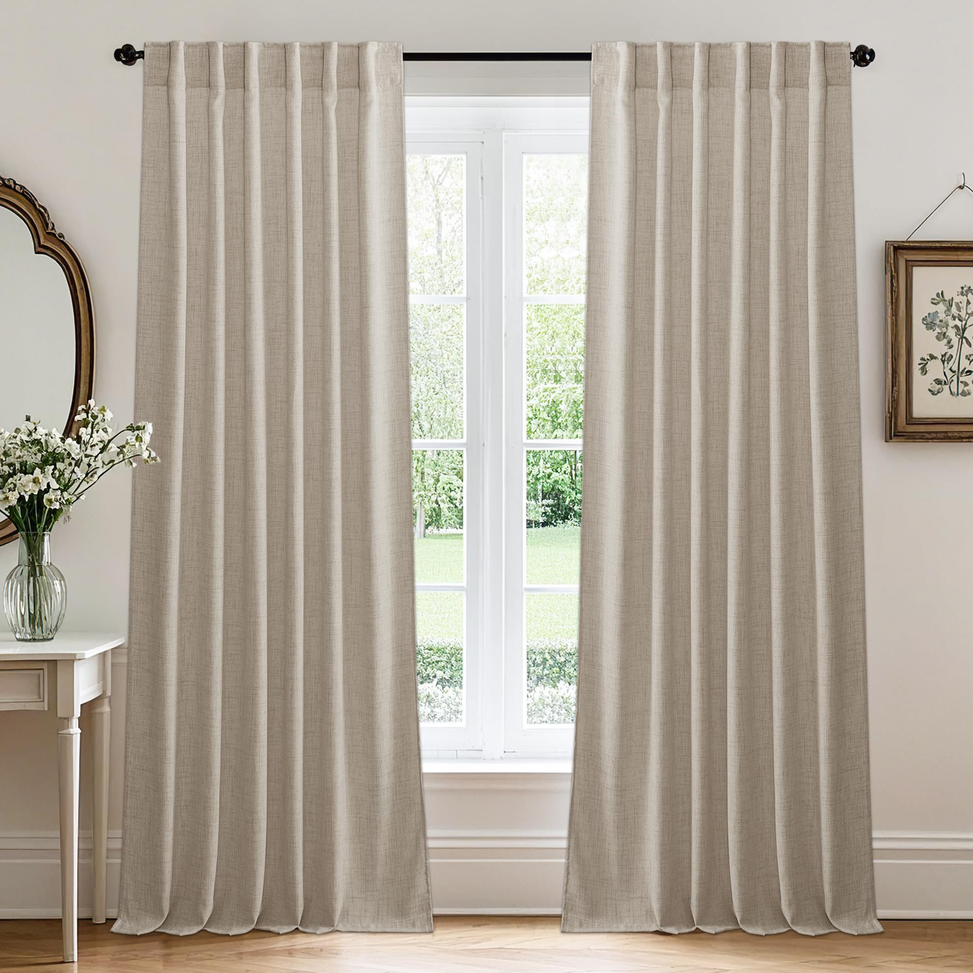 RYB HOME Linen Sheer Curtains and Drapes for Living Room 108 inches Length, Breathable Back Tab/Rod Pocket Semi Sheer Curtains, Oatmeal, W 52 x L 108 inches, 2 Panels Set