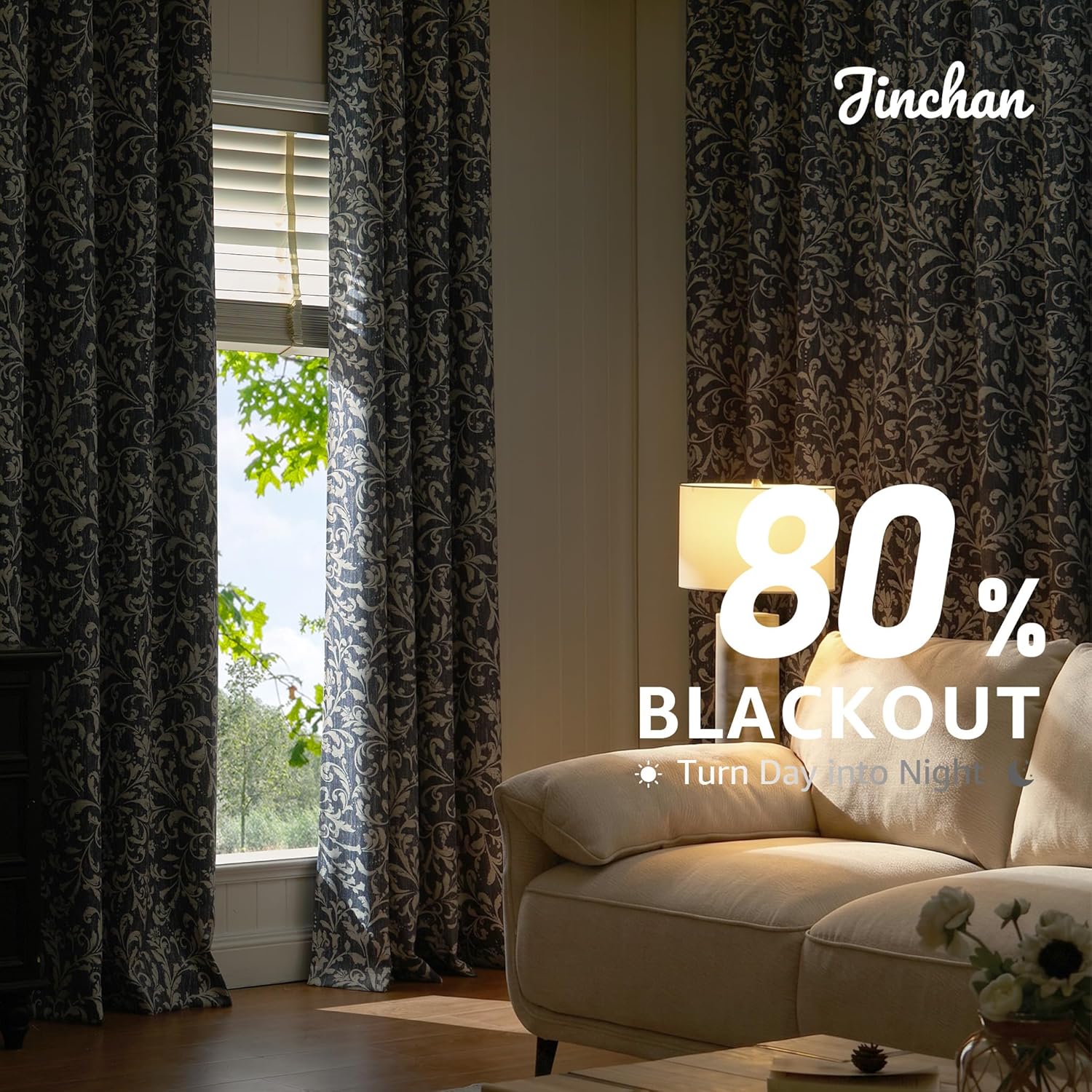 jinchan Vintage Curtains 84 Inch Long Cream Scroll Floral Dusty Blue Curtians for Living Room Bedroom Room Darkenign Drapes Thermal Insulated Classic Traditional Privacy Grommet Top 2 Panels