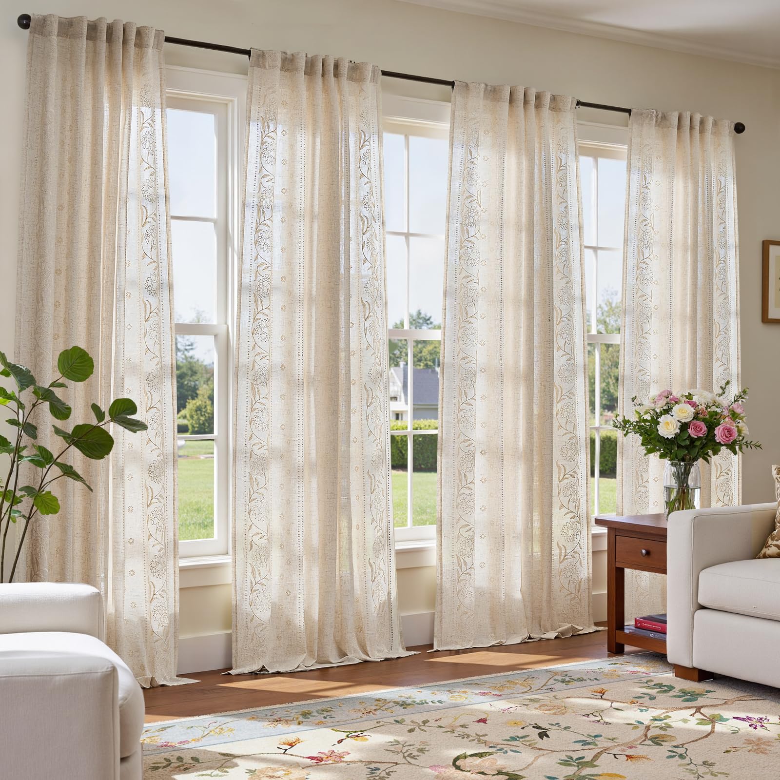jinchan Winslow Linen Curtains for Bedroom 84 Inches Length Ivory on Taupe Embroidered Bordered Floral Curtains for Living Room Farmhouse Decor Light Filtering Window Treatments 2 Panels