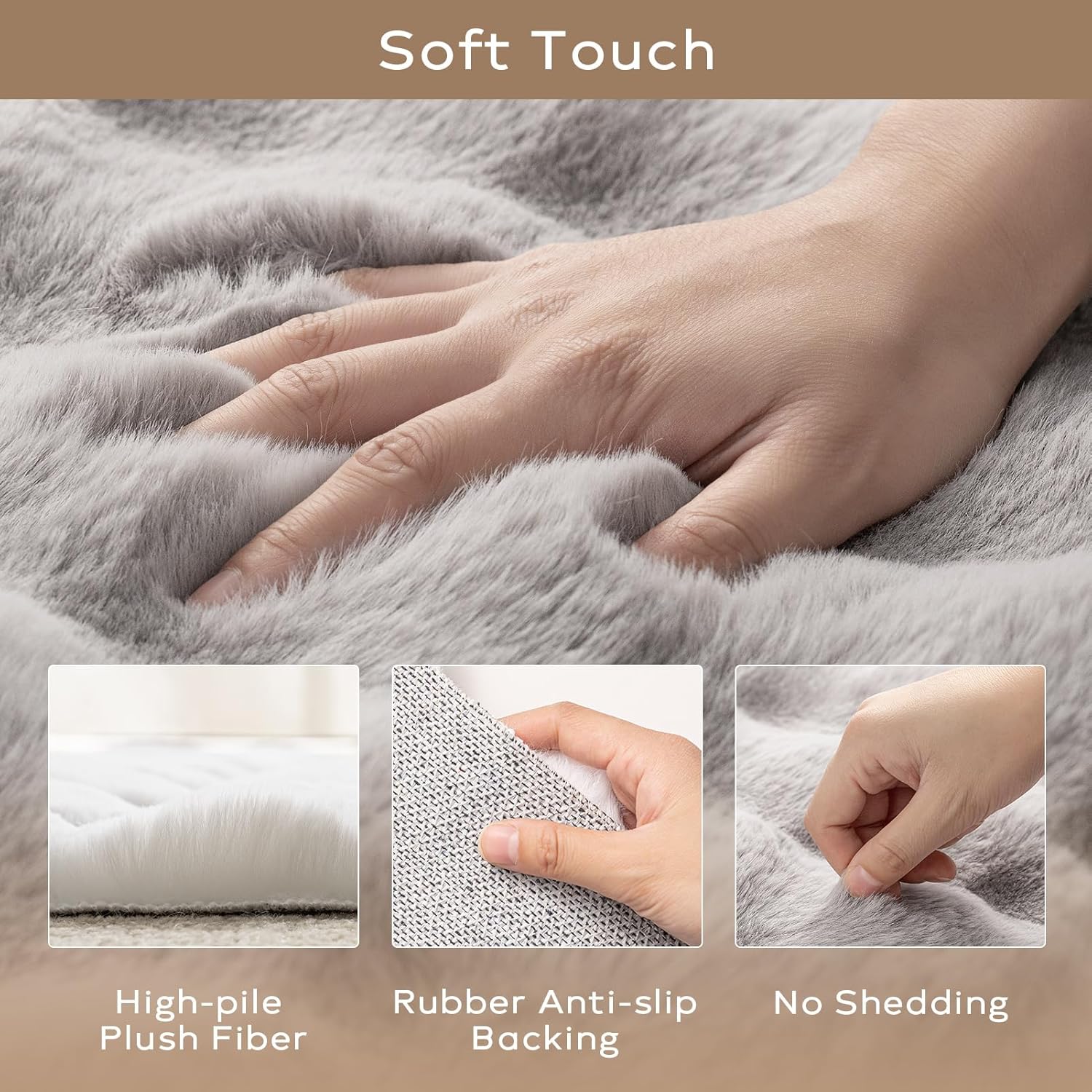 Ashler Faux Rabbit Fur Rug, Light Grey 3x5 FT Fluffy Soft Area Rugs, Rectangle Fuzzy Carpet for Living Room, Bedroom, Machine Washable Rug - 3D Bubble Mat