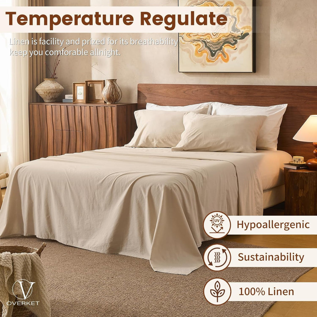 King 100% Linen 4-Piece Sheet Set, Breathable All-Season Bedding