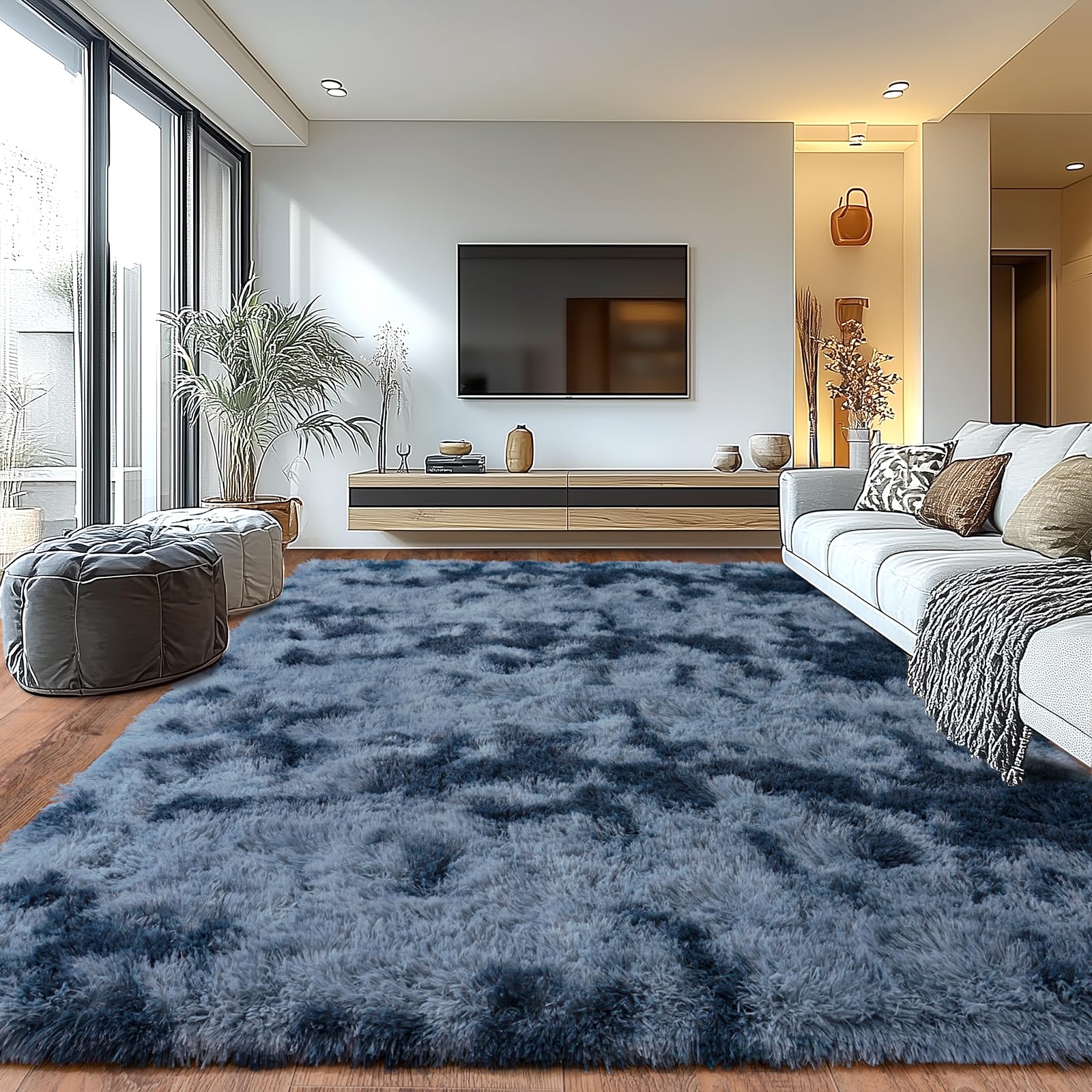 Shaggy Area Rugs, Fuzzy Rugs for Living Room, Soft Nursery Area Rug for Girls, Tie Dye Black Gray Plush Area Rugs Non Slip, Fluffy Rug Carpet 8x10ft