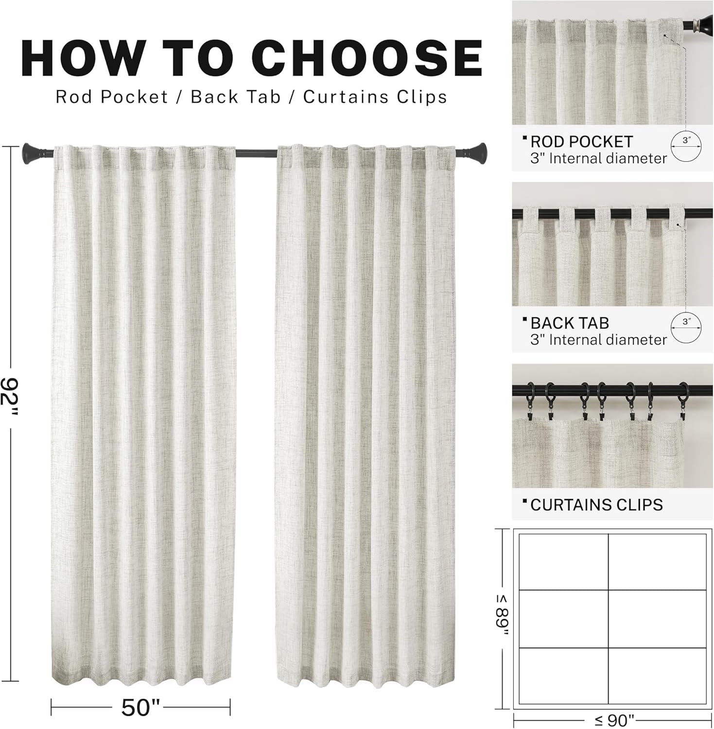 Natural Linen Back Tab Curtains 92 inch Long 2 Panels Set for Living Room Semi Sheer Light Filtering Window Drape Neutral Country Farmhouse Boho Curtains for Bedroom Cream Beige