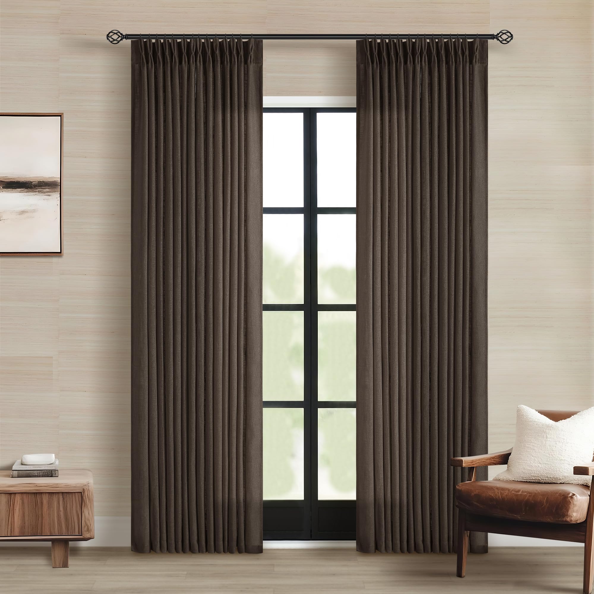 Dutch Cocoa Pinch Pleated Linen Curtains 84 Inches Long 60 Inch Width Linen Blend Light Filtering Window Curtains 84 Inch for Living Room Bedroom Patio Pinch Pleat Drapes Hooks Rings 1 Panel 60Wx84L