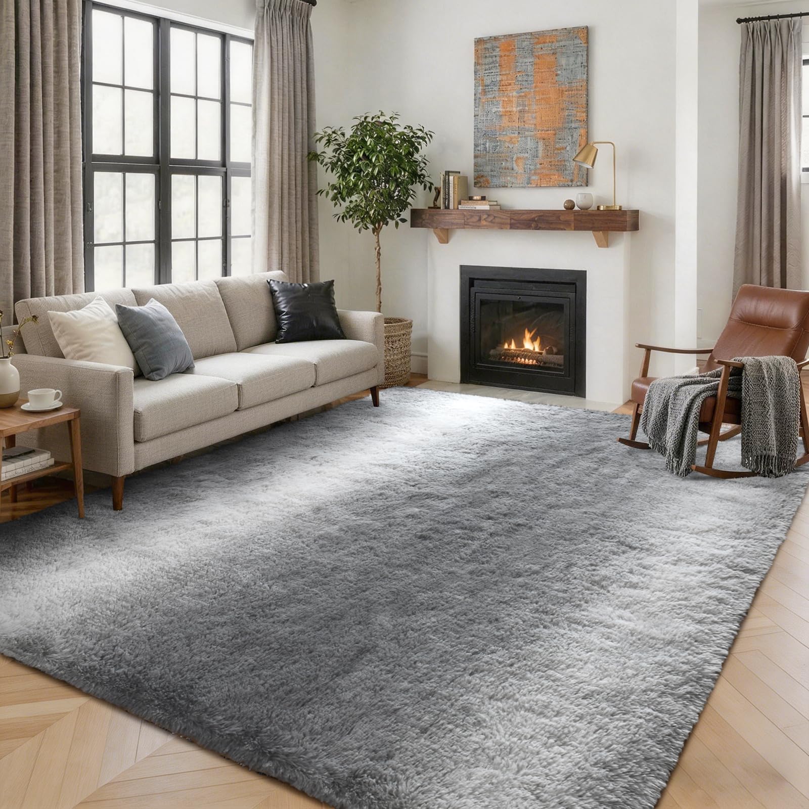 5×7ft Grey Fluffy Tie-Dyed Rug, Soft Shag Carpet for Home Decor