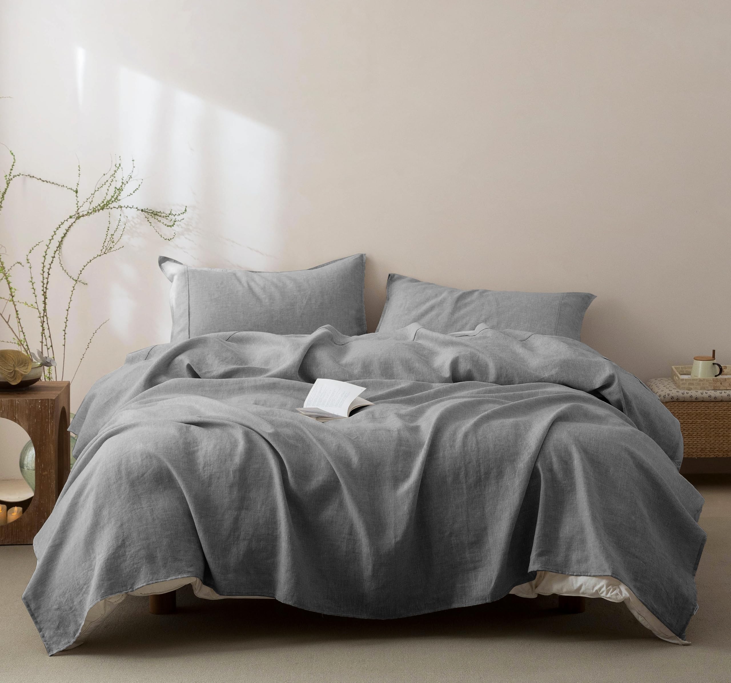 Talasily 100% French Pure Linen Sheets Set Queen Size,Oeko-TEX Certified Bedding, All-Season Breathable for Hot Sleepers,16 Inch Deep Pocket Machine Washable 4-Piece (Natural Linen)