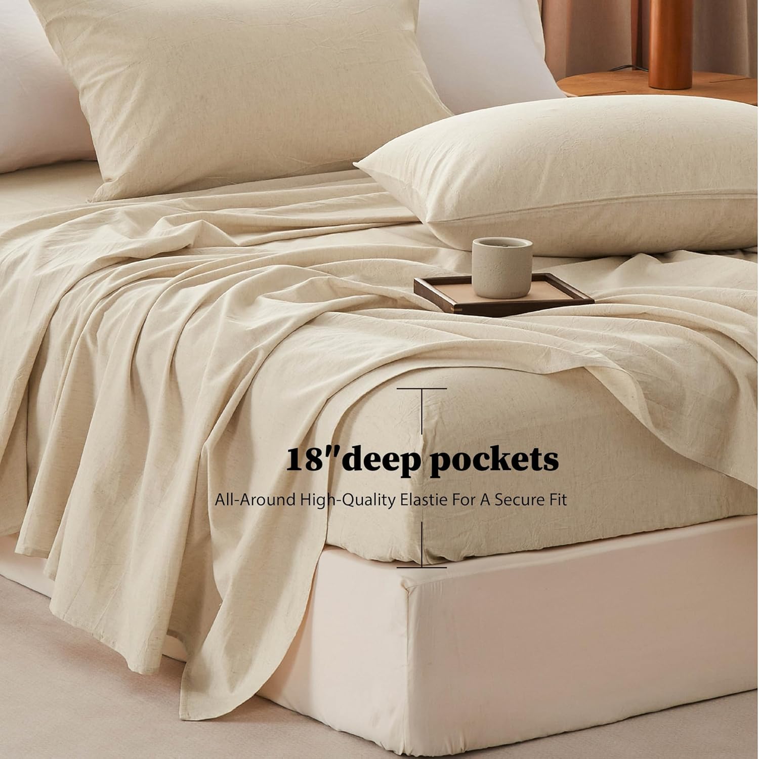 Linen Sheets Queen Size, Cotton Linen Bed Sheets, Breathable, Durable Bed Sets 18" Deep Pocket(Natural Linen)