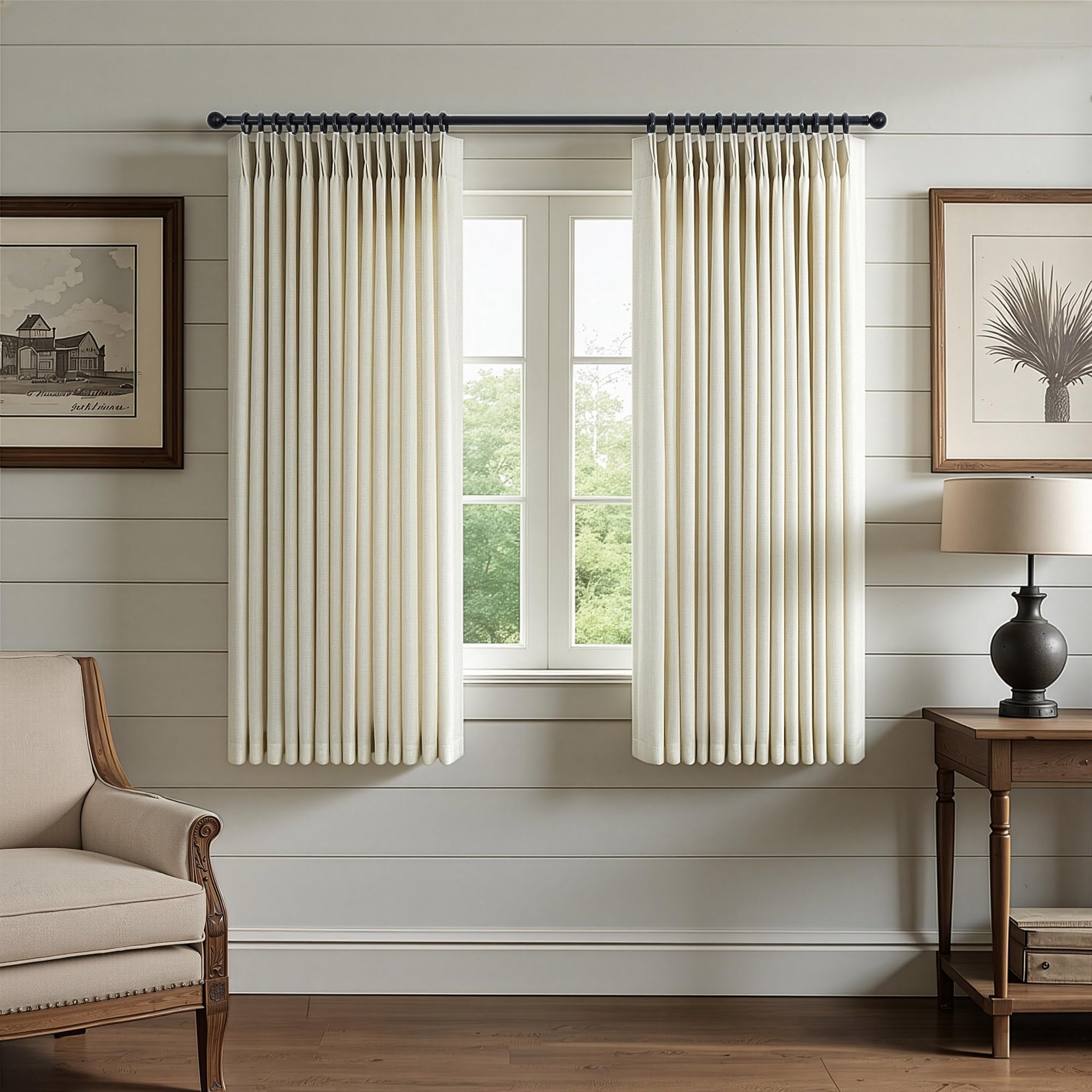 Natural Pinch Pleated Linen Cream Curtains 84 Inch Length 2 Panels for Living Room Bedroom Ivory Semi Sheer Light Filtering Modern Farmhouse Boho Neutral Rustic Long Drapes Back Tab Pleat Hooks Rings