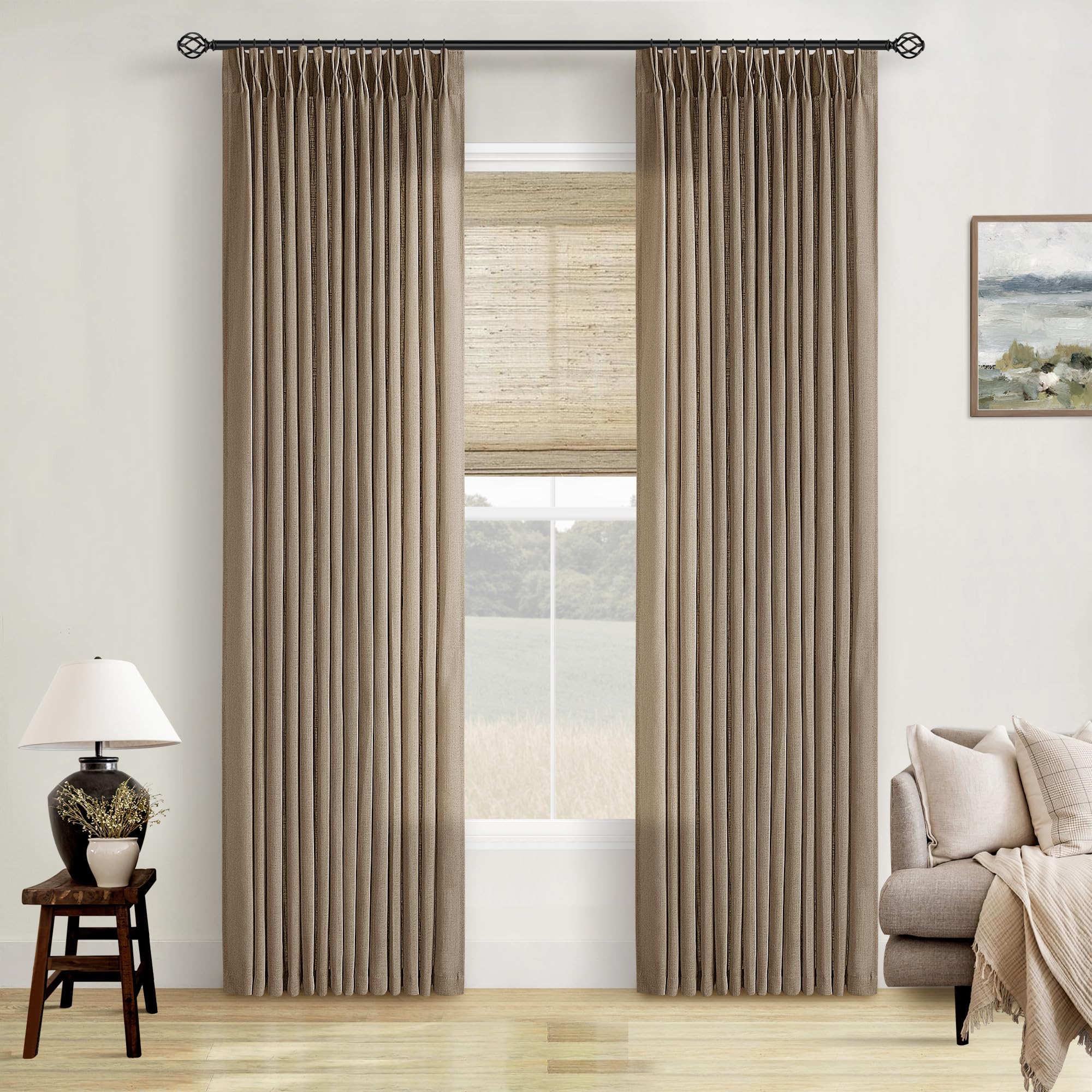 Dutch Cocoa Pinch Pleated Linen Curtains 84 Inches Long 60 Inch Width Linen Blend Light Filtering Window Curtains 84 Inch for Living Room Bedroom Patio Pinch Pleat Drapes Hooks Rings 1 Panel 60Wx84L