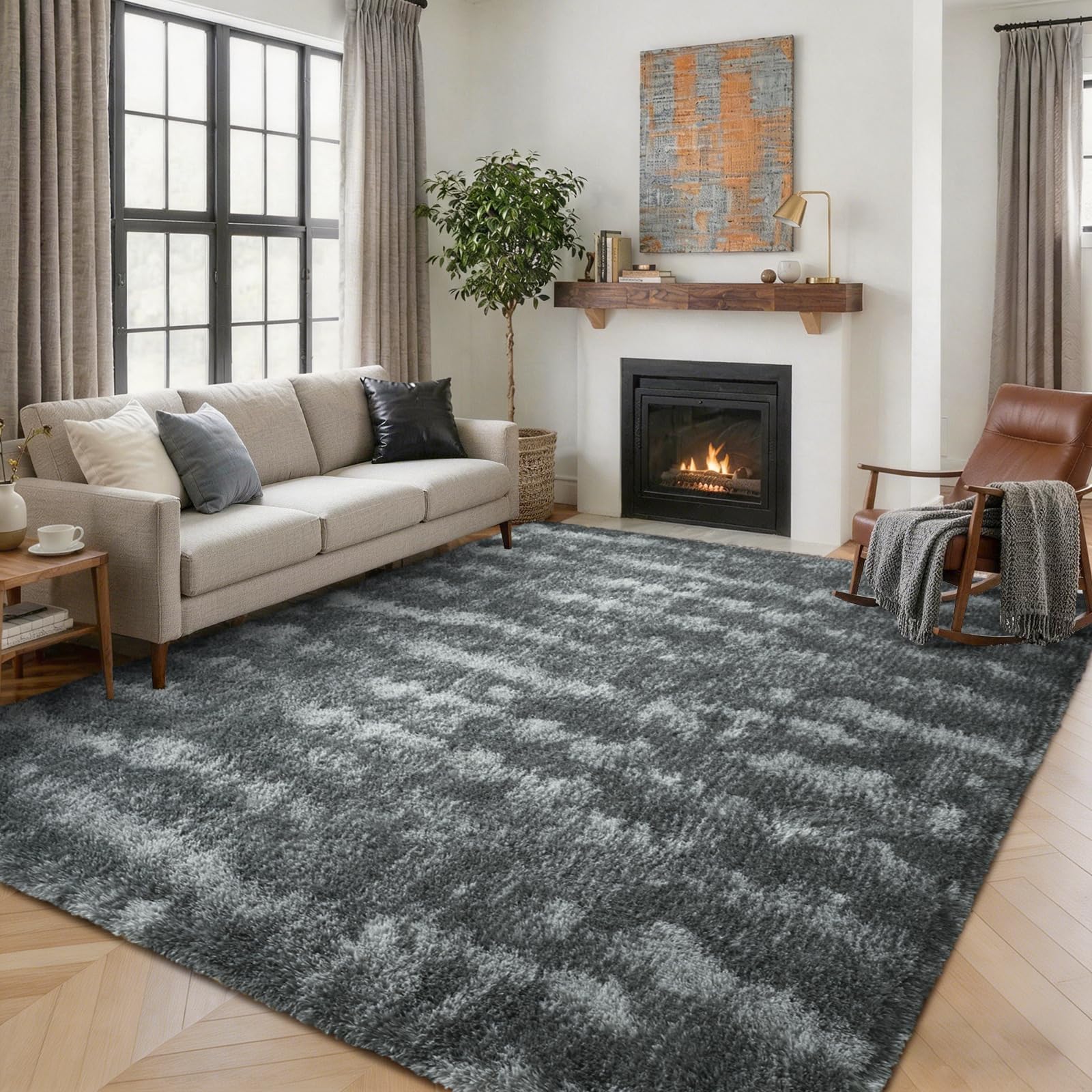 5×7ft Grey Fluffy Tie-Dyed Rug, Soft Shag Carpet for Home Decor