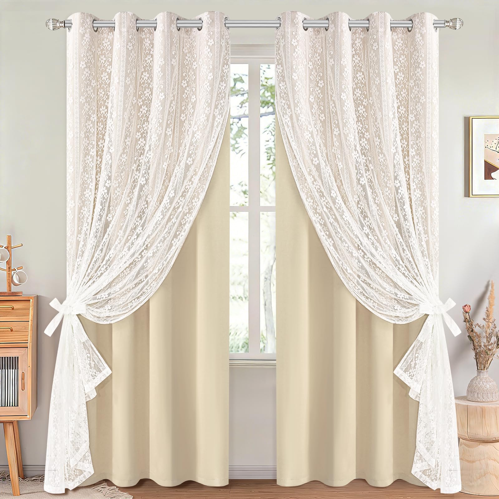 2-Panel 52×84" Beige Linen Curtains, Boho Farmhouse Window Drapes