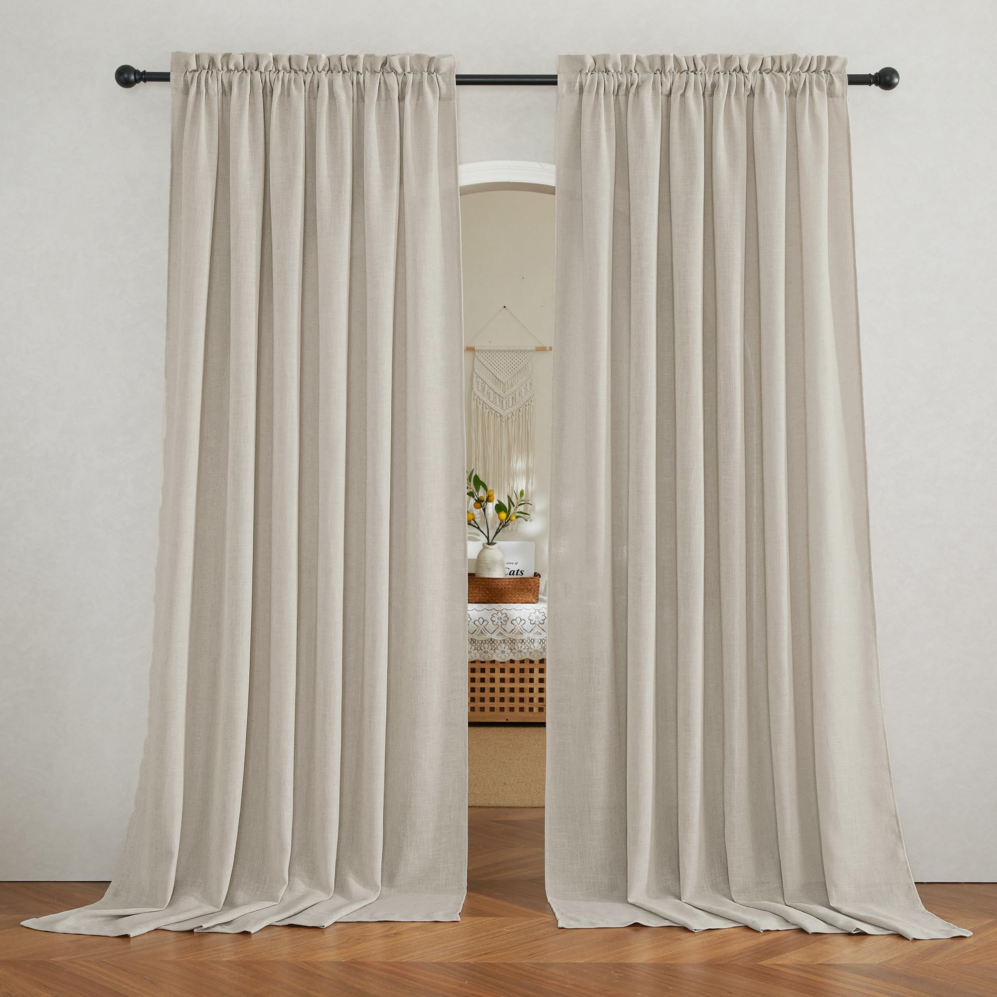 RYB HOME Linen Sheer Curtains and Drapes for Living Room 108 inches Length, Breathable Back Tab/Rod Pocket Semi Sheer Curtains, Oatmeal, W 52 x L 108 inches, 2 Panels Set