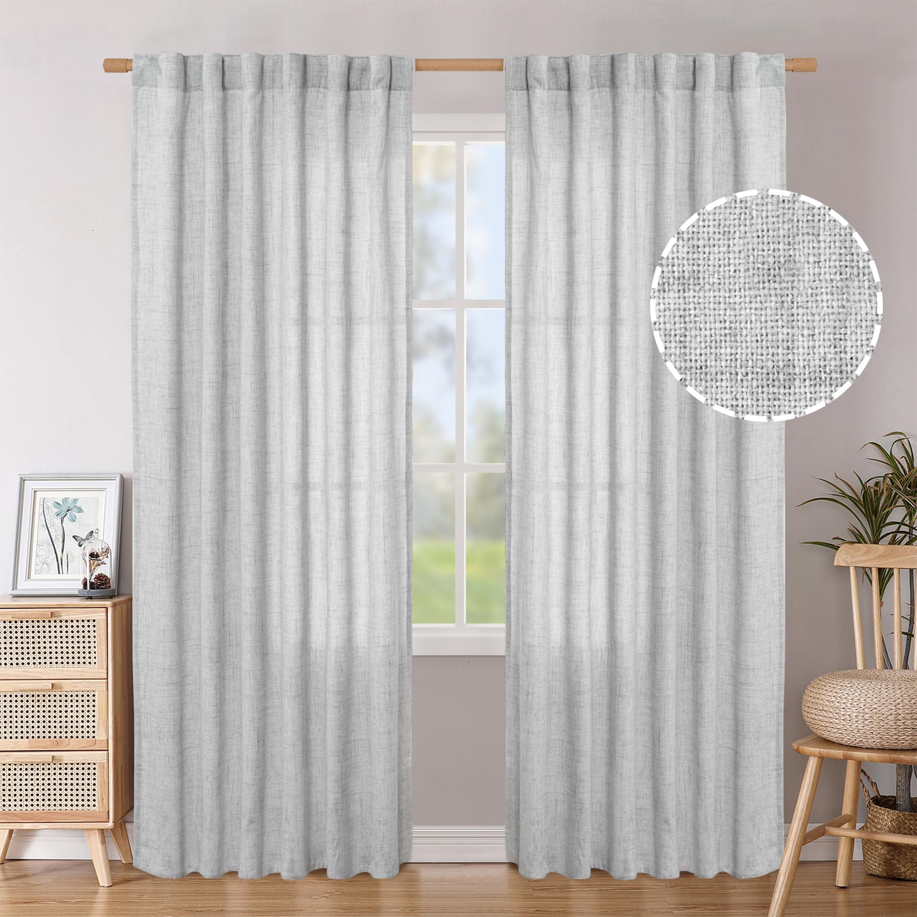 BGment Natural Linen Semi Sheer Curtains 96 Inch Length 2 Panels for Living Room, Beige Light Filtering Window Drapes with Rod Pocket Back Tab Extre Long for Dining Bedroom, 52 X 96 Inch