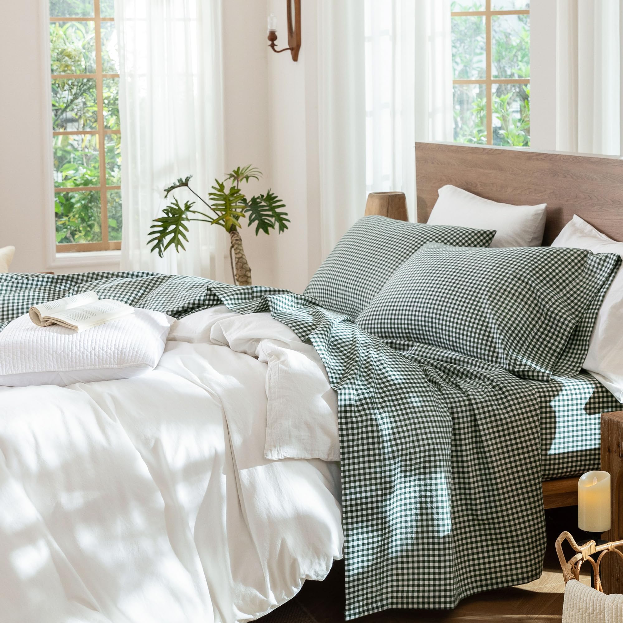 MooMee Bedding Sheet Set 100% Washed Cotton Linen Like Textured Breathable Durable Soft Comfy (Heathered Green, Queen)