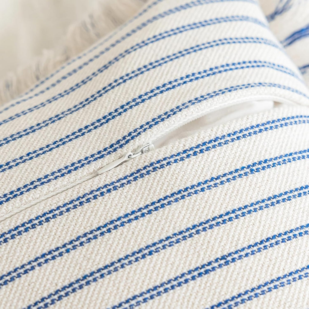 YEENAASY Throw Pillow Covers 22x22 Set of 2 Striped Fringe Pillow Cover Farmhouse Cushion Covers with Tassel Neutral Boho Pillows Decorative Square Pillowcase for Couch Sofa Bed, Blue