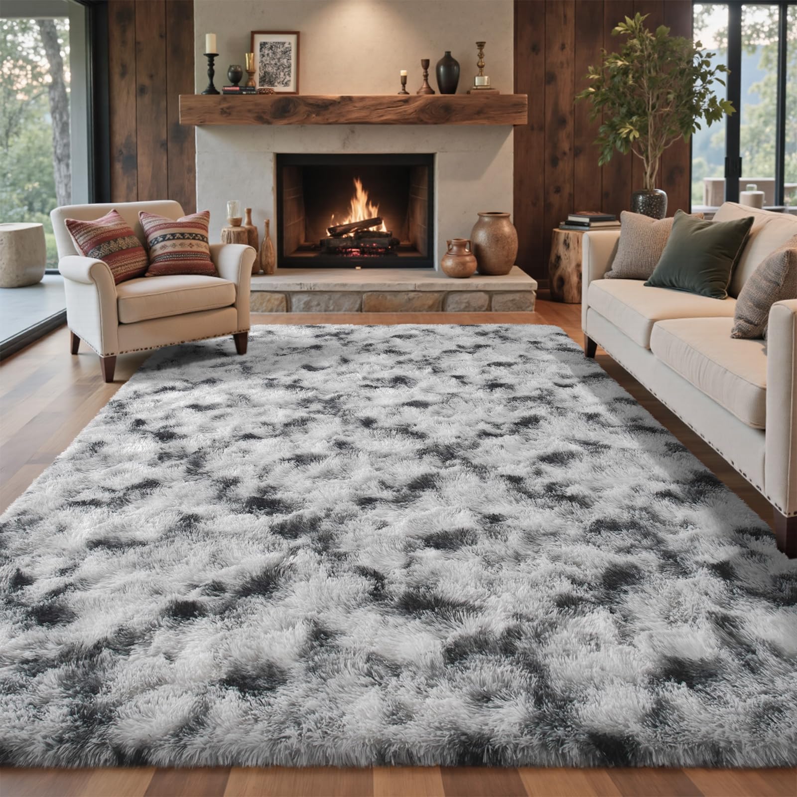 5×7ft Grey Fluffy Tie-Dyed Rug, Soft Shag Carpet for Home Decor