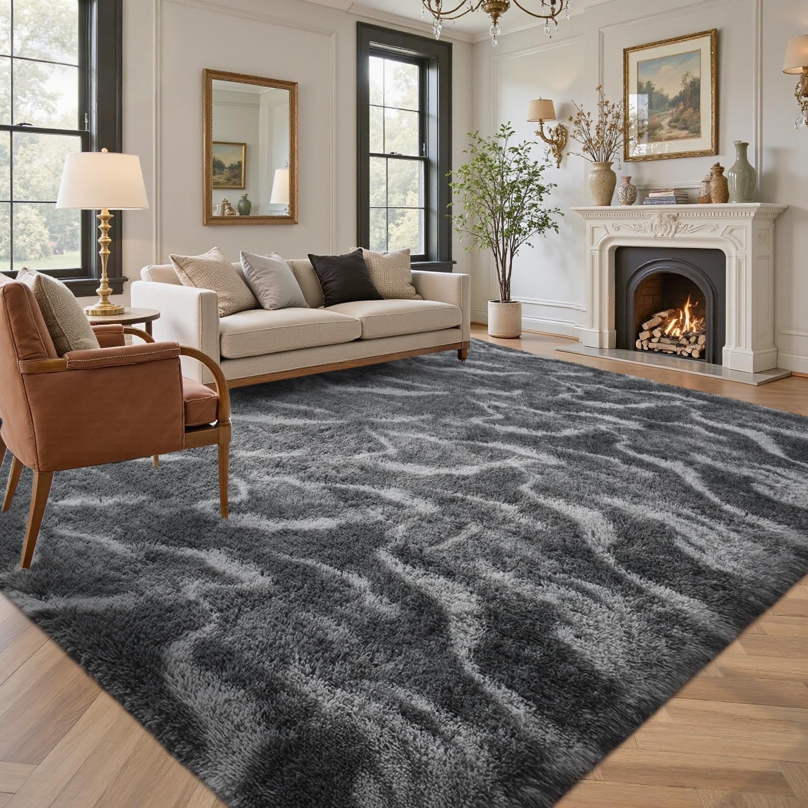 5×7ft Grey Fluffy Tie-Dyed Rug, Soft Shag Carpet for Home Decor