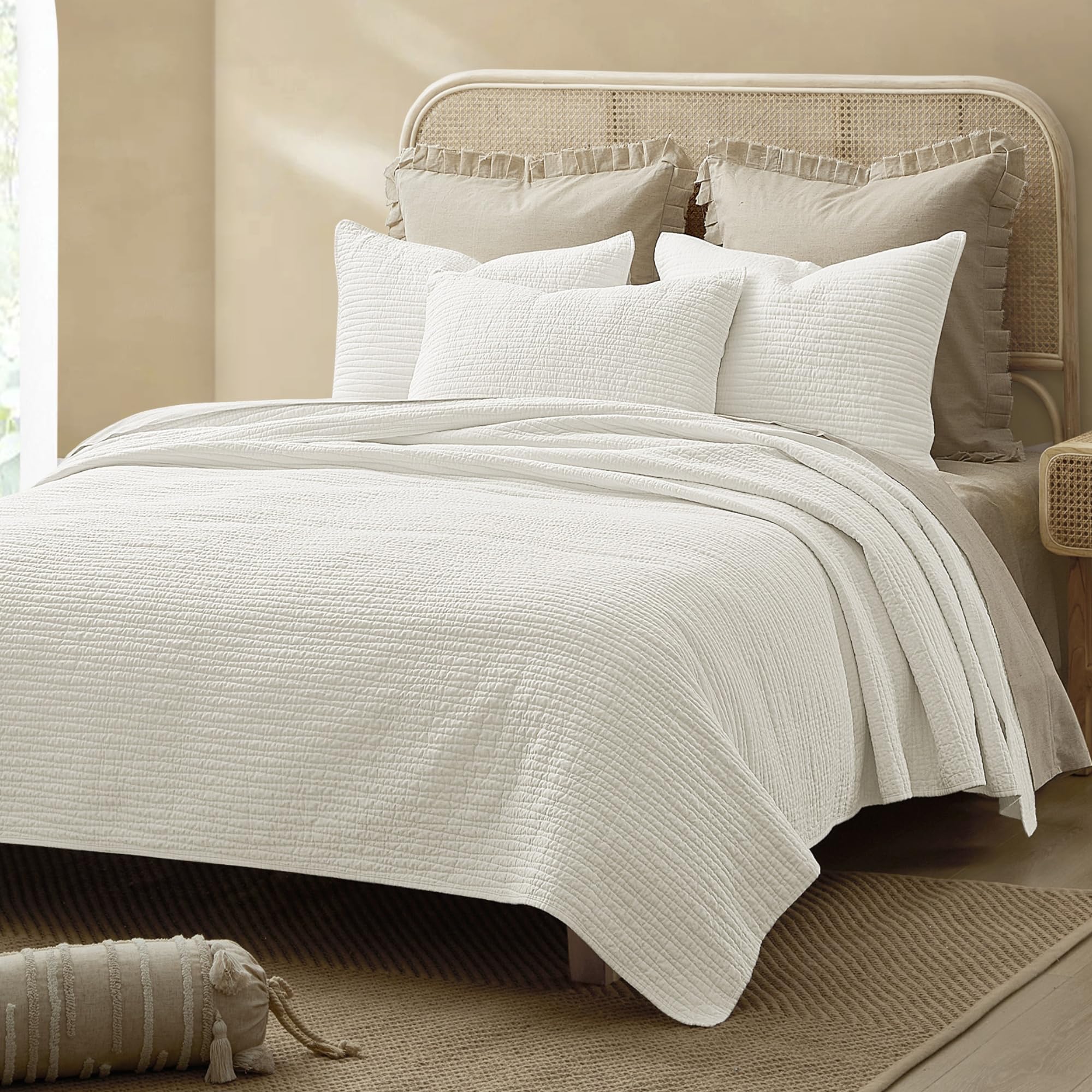 Wonderful Natural Linen Cotton Quilt - Skin-Friendly Breathable & Hypoallergenic Quilt Queen, 3 Piece Wavy Box Stitched Linen Bedding Set, All-Season Use Bedspread & Coverlet Bedding, 94"x94" | Safe Sleep