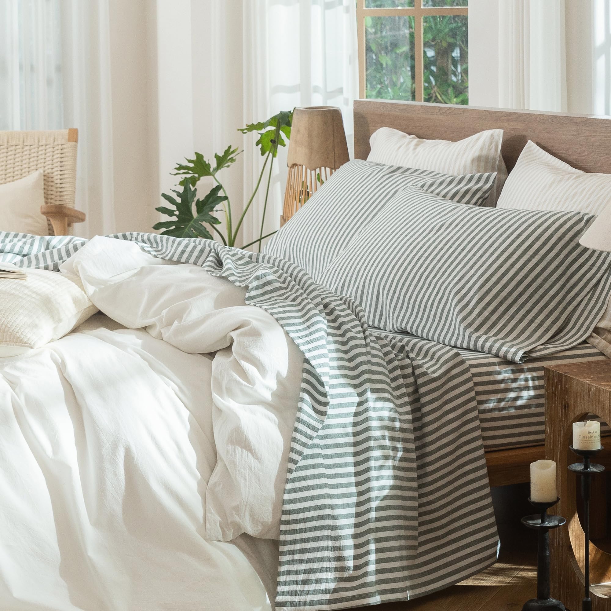 MooMee Bedding Sheet Set 100% Washed Cotton Linen Like Textured Breathable Durable Soft Comfy (Heathered Green, Queen)
