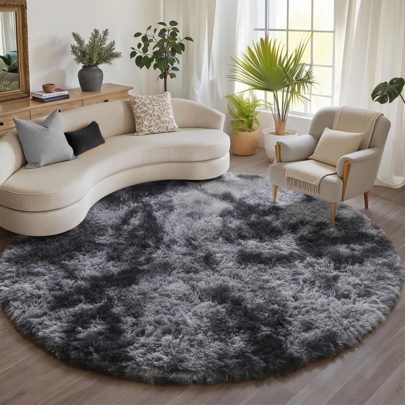 ONASAR Tie-Dyed Dark Grey Round Area Rugs 5ft, Ultra Soft Bedroom Circle Rug for Kids Girls Teen Room, Fluffy Plush Shaggy Carpet Floor Mats for Baby Nursery Living Room Playroom Home Decor