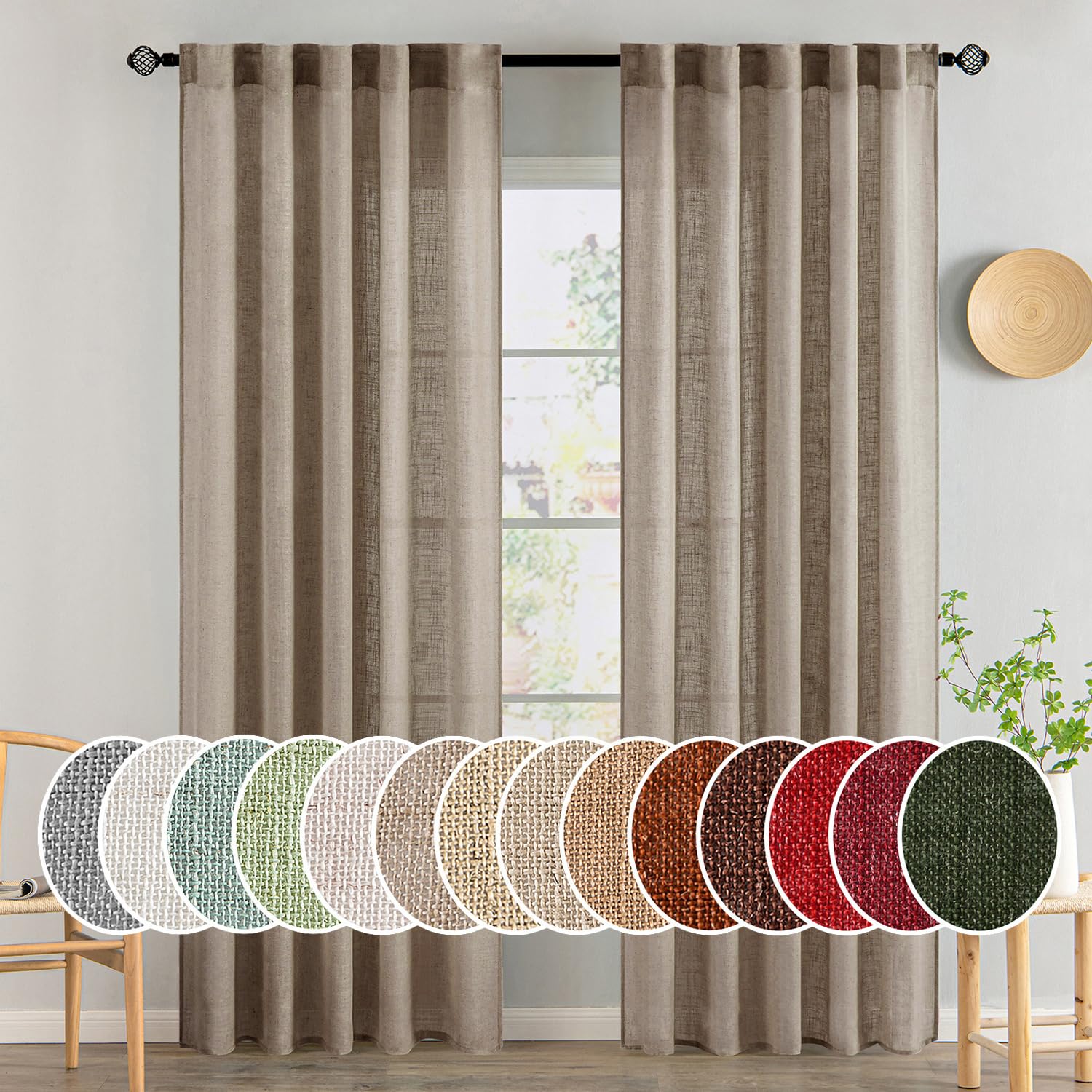MIULEE Taupe Linen Curtains 84 Inch Length for Bedroom Living Room, Soft Thick Linen Textured Window Drapes Semi Sheer Light Filtering Back Tab Rod Pocket Burlap Look Farmhouse Country Decor, 2 Panels