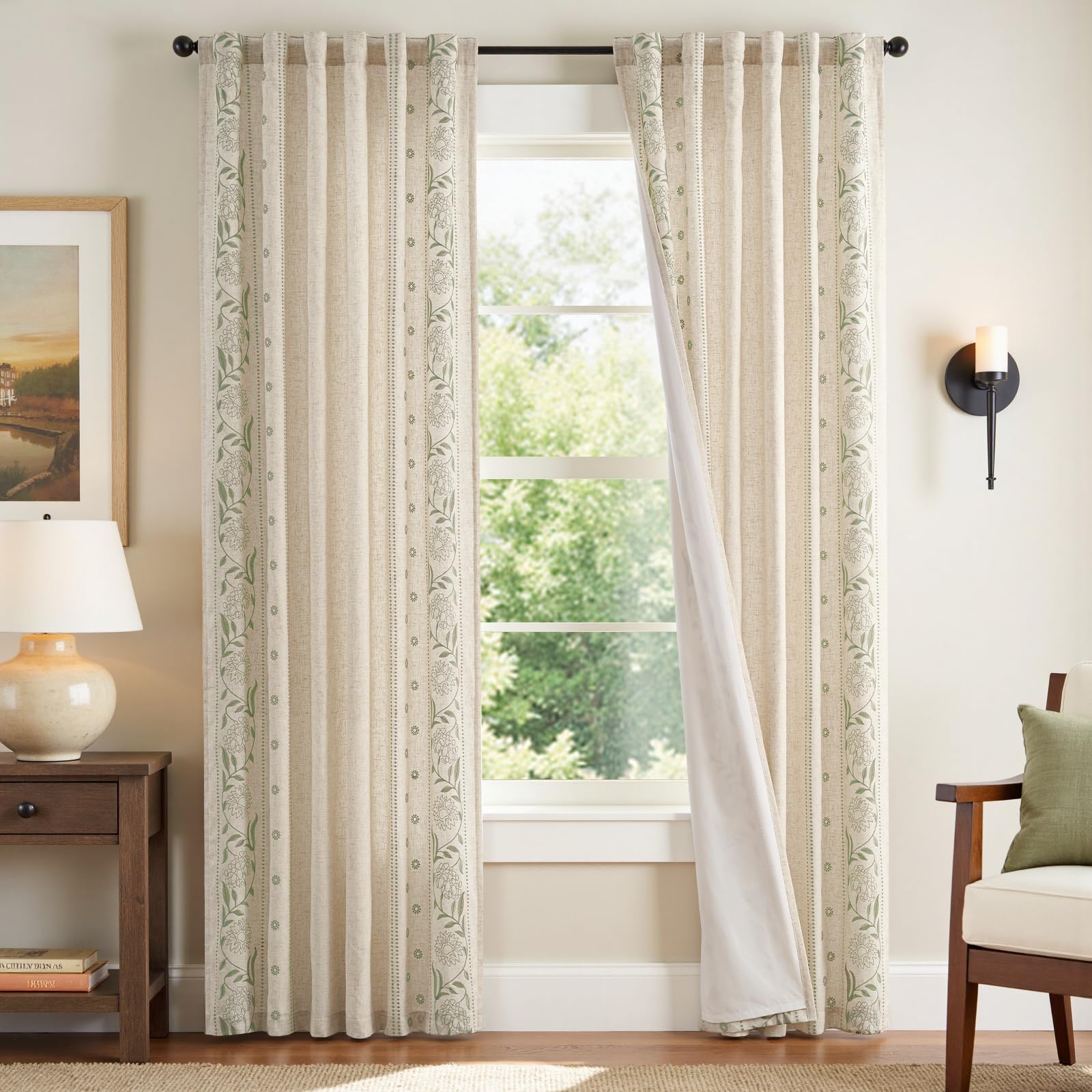 jinchan Winslow Linen Curtains for Bedroom 84 Inches Length Ivory on Taupe Embroidered Bordered Floral Curtains for Living Room Farmhouse Decor Light Filtering Window Treatments 2 Panels
