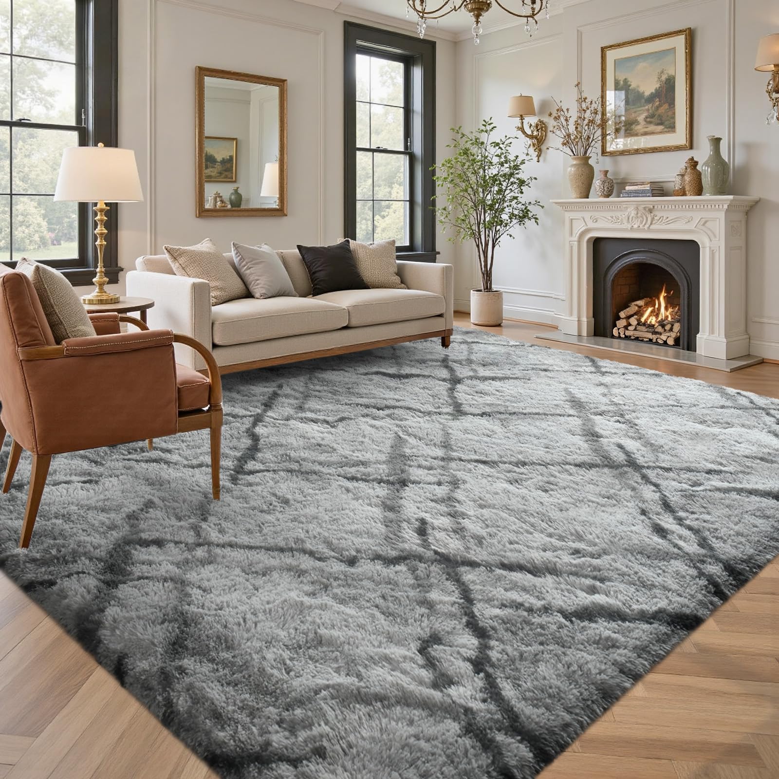 5×7ft Grey Fluffy Tie-Dyed Rug, Soft Shag Carpet for Home Decor