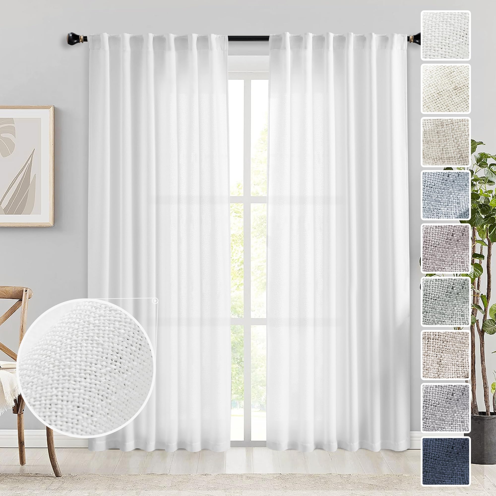 Natural Linen Back Tab Curtains 92 inch Long 2 Panels Set for Living Room Semi Sheer Light Filtering Window Drape Neutral Country Farmhouse Boho Curtains for Bedroom Cream Beige
