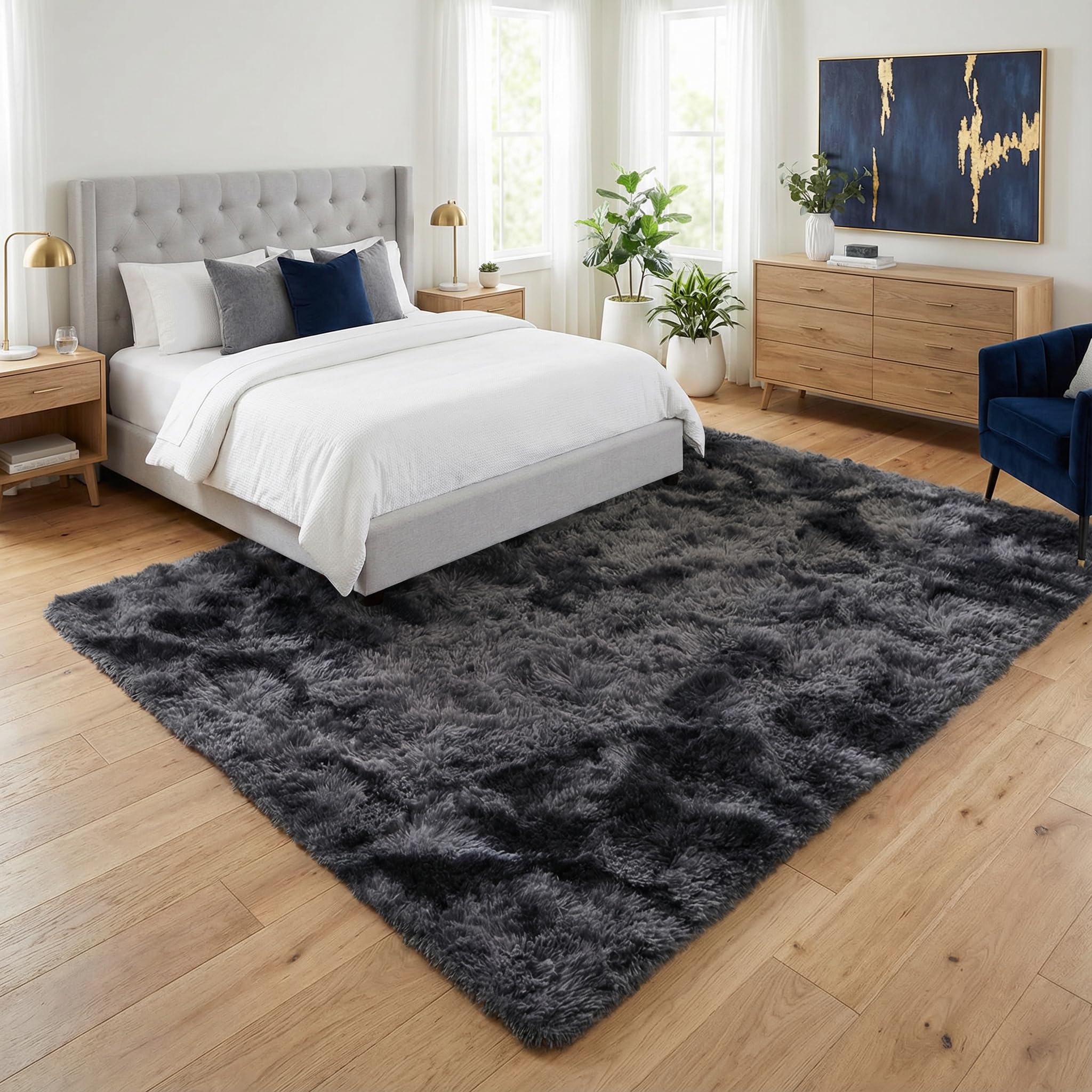 Fluffy 5x7 Area Rugs for Bedroom: Tie-dye White Grey Soft Shag Rug for Living Room, Large Fuzzy Plush Indoor Floor Carpet Non Slip Modern Rug for Nursery Boys Girls Kids Room Playroom Dorms Home Decor