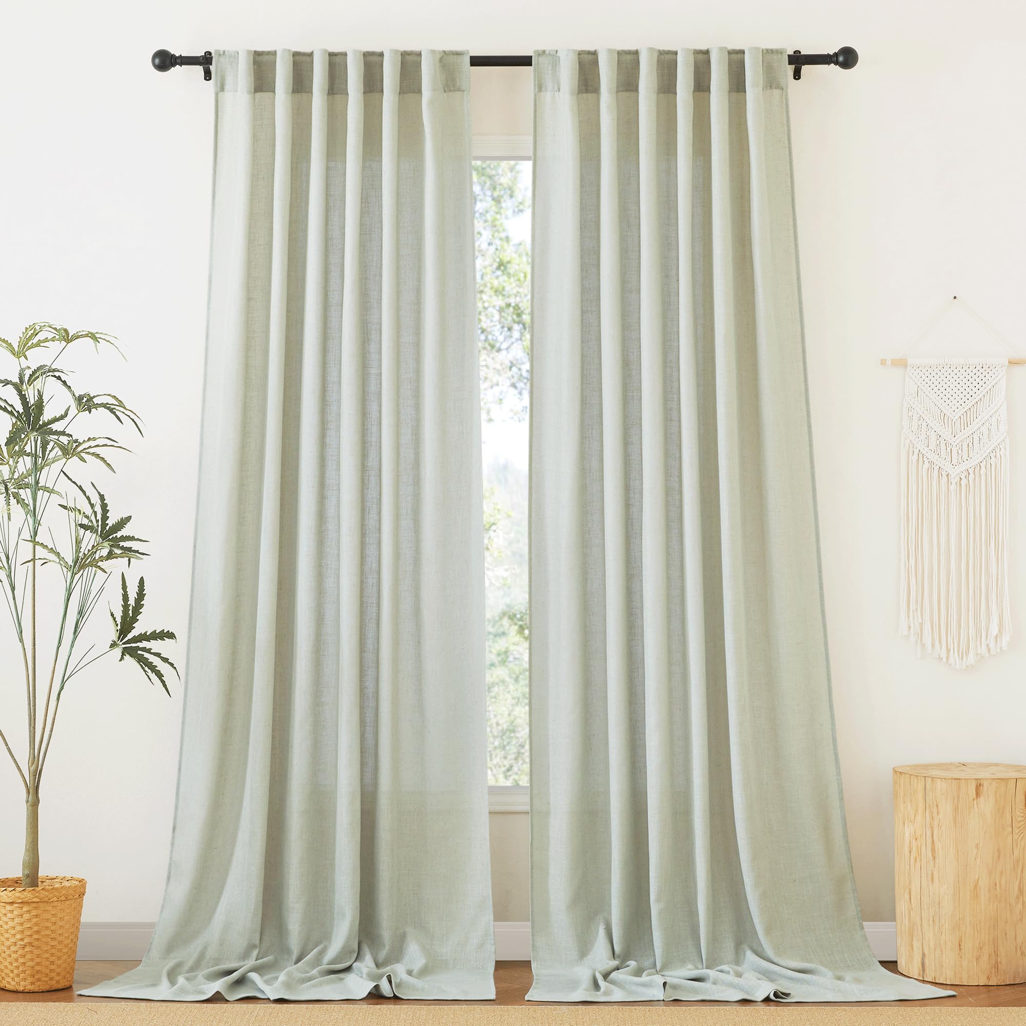 RYB HOME Linen Sheer Curtains and Drapes for Living Room 108 inches Length, Breathable Back Tab/Rod Pocket Semi Sheer Curtains, Oatmeal, W 52 x L 108 inches, 2 Panels Set