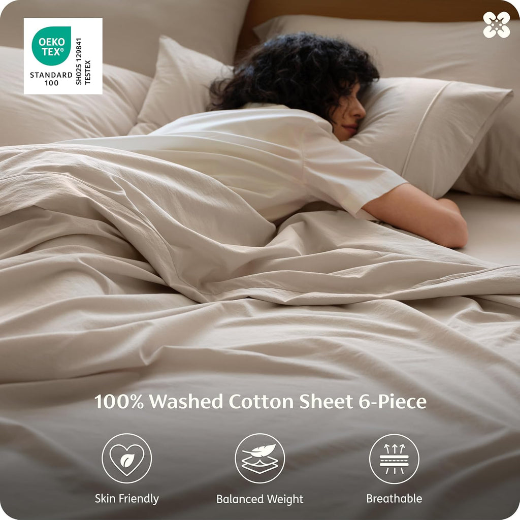 Bedsure 100% Washed Cotton Percale Sheets Queen Size - Linen Like Textured 6-Piece Bedsheet Set with 18" Deep Pocket, Breathable & PureWoven Soft Comfy (Linen Beige, Queen)
