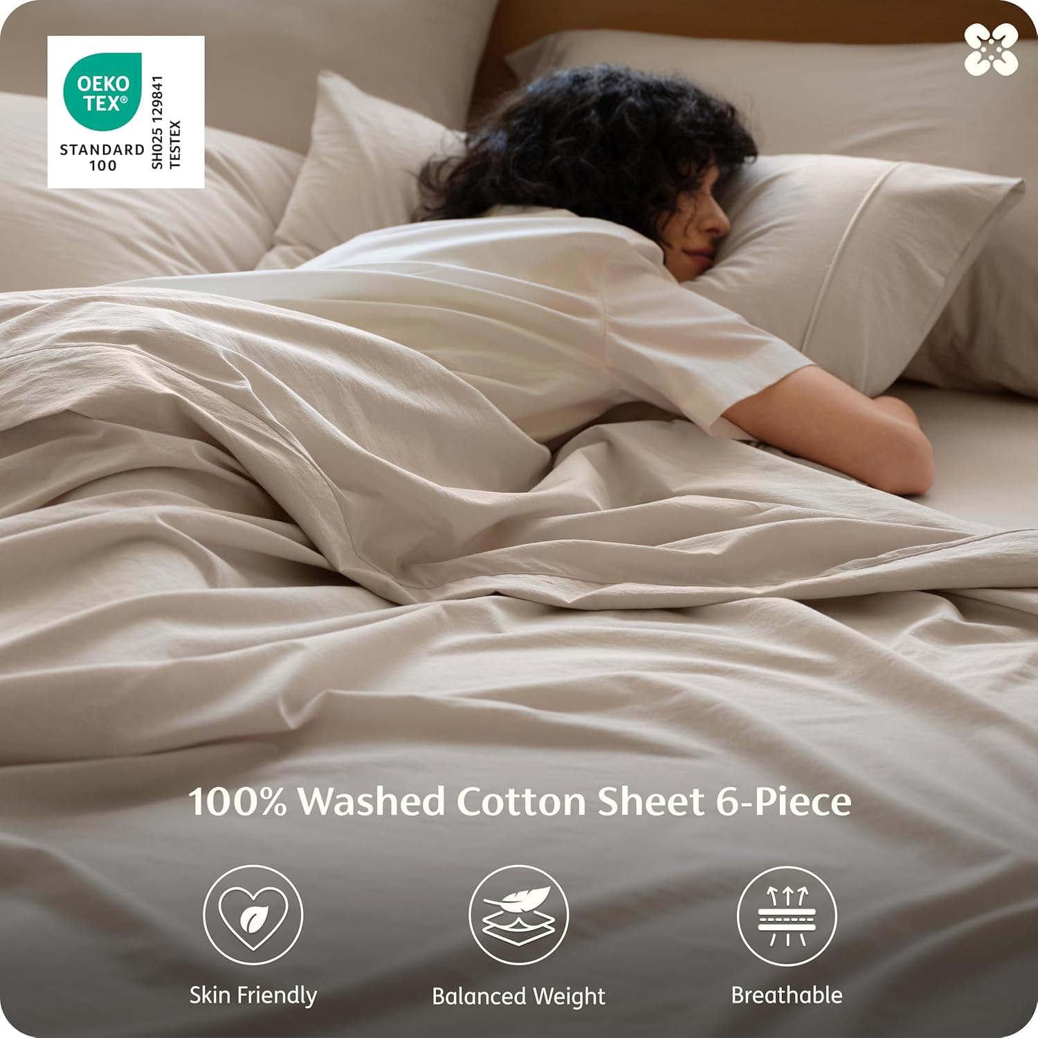 Bedsure 100% Washed Cotton Percale Sheets Queen Size - Linen Like Textured 6-Piece Bedsheet Set with 18" Deep Pocket, Breathable & PureWoven Soft Comfy (Linen Beige, Queen)