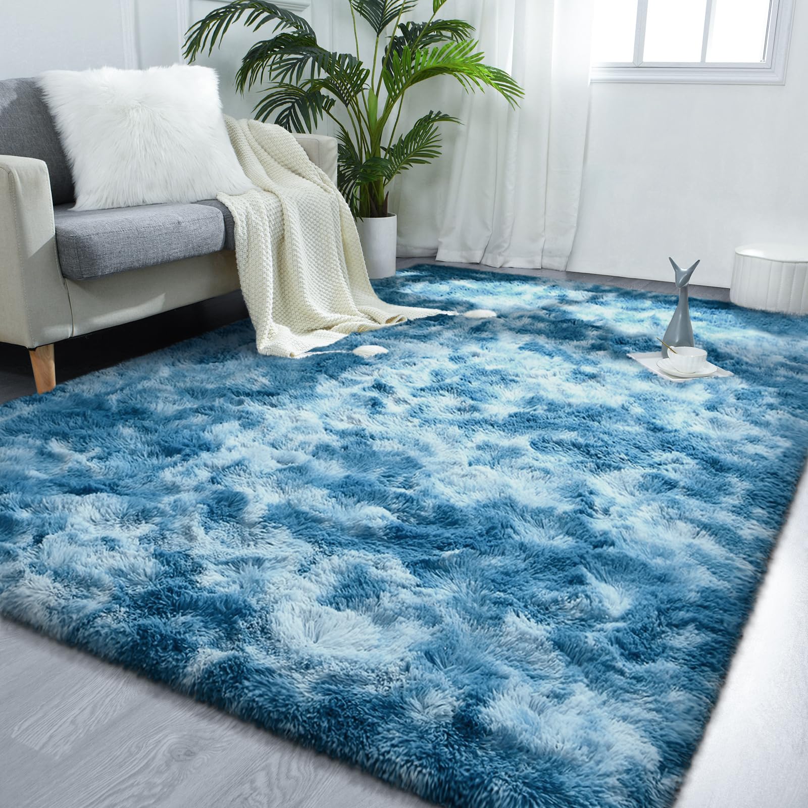 FlyDOIT Large Area Rugs for Living Room, 5x8 Feet Tie-Dyed Light Grey Shaggy Rug Fluffy Throw Carpets, Ultra Soft Plush Modern Indoor Fuzzy Rugs for Bedroom Girls Kids Nursery Room Dorm Home Decor
