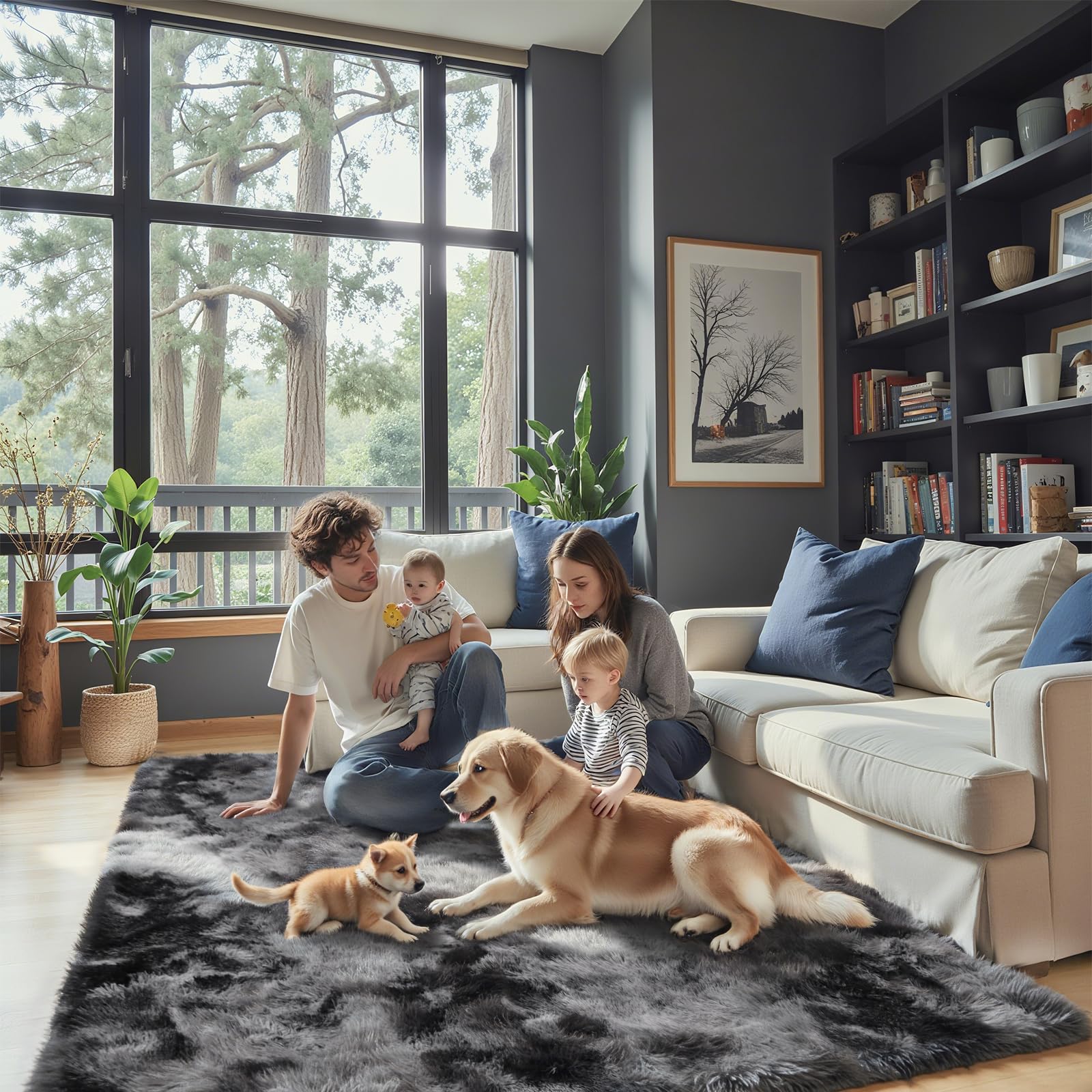 8x10 Area Rugs for Living Room Bedroom Fluffy, Large Area Rug Shag Shaggy Carpet Soft Plush Furry Bedside Rug, Area Rugs for Home Decor(8 x 10, Dark Blue Tie-Dyed)
