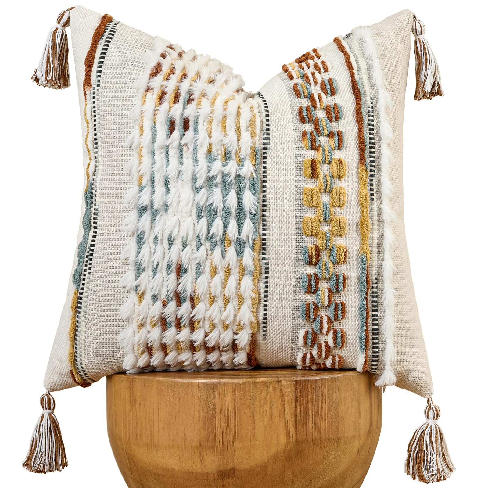 AmHoo Set of 2 Chenille Striped Tufted Textured Boho Throw Pillow Covers Aesthetic with Tassels Woven Decorative Pillow Case for Couch Bed Sofa Bedroom Modern Funky 18 x 18-Inch Brown White