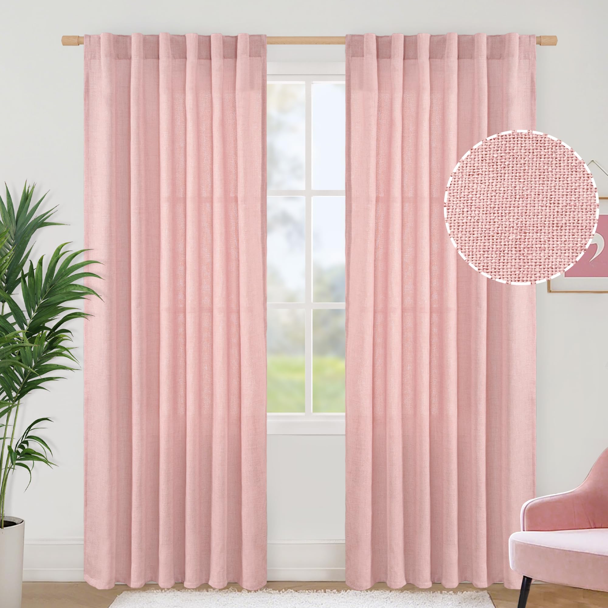 BGment Natural Linen Semi Sheer Curtains 96 Inch Length 2 Panels for Living Room, Beige Light Filtering Window Drapes with Rod Pocket Back Tab Extre Long for Dining Bedroom, 52 X 96 Inch