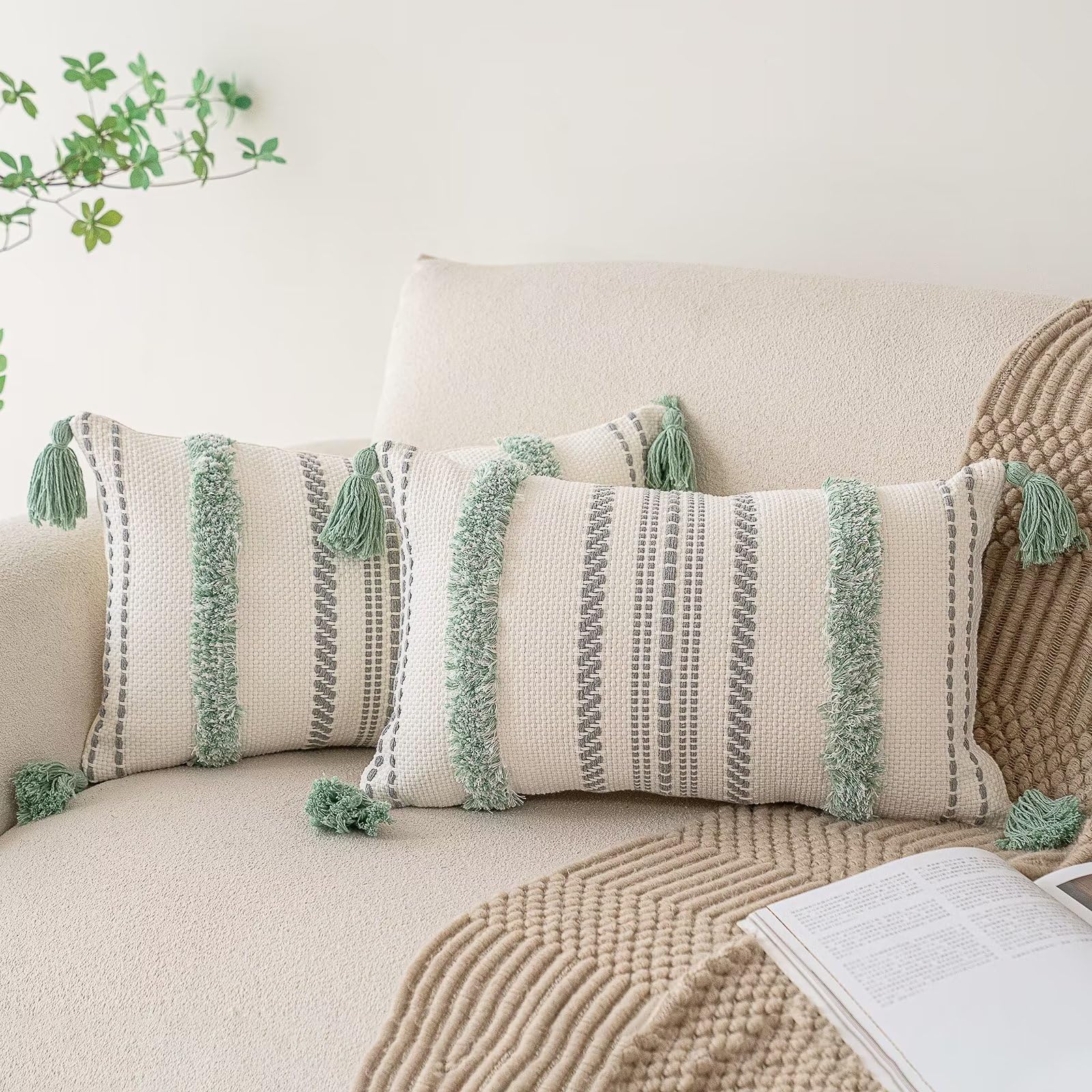 Boho Throw Pillow Covers 20x20 Set of 2 Woven Tufted Farmhouse Pillows Cover with Tassels Textured Striped Cushion Case Neutral Pillow Cases Decorative Pillowcase for Sofa, Couch, Bed, Dark Blue
