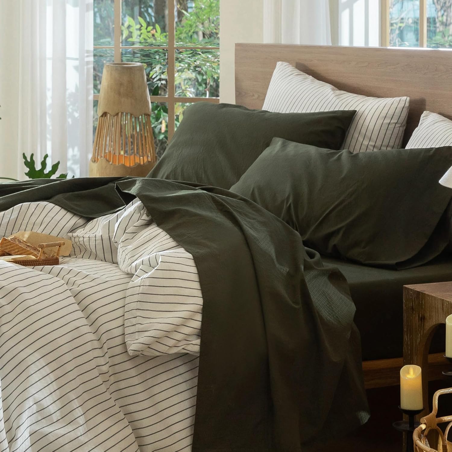 MooMee Bedding Sheet Set 100% Washed Cotton Linen Like Textured Breathable Durable Soft Comfy (Heathered Green, Queen)