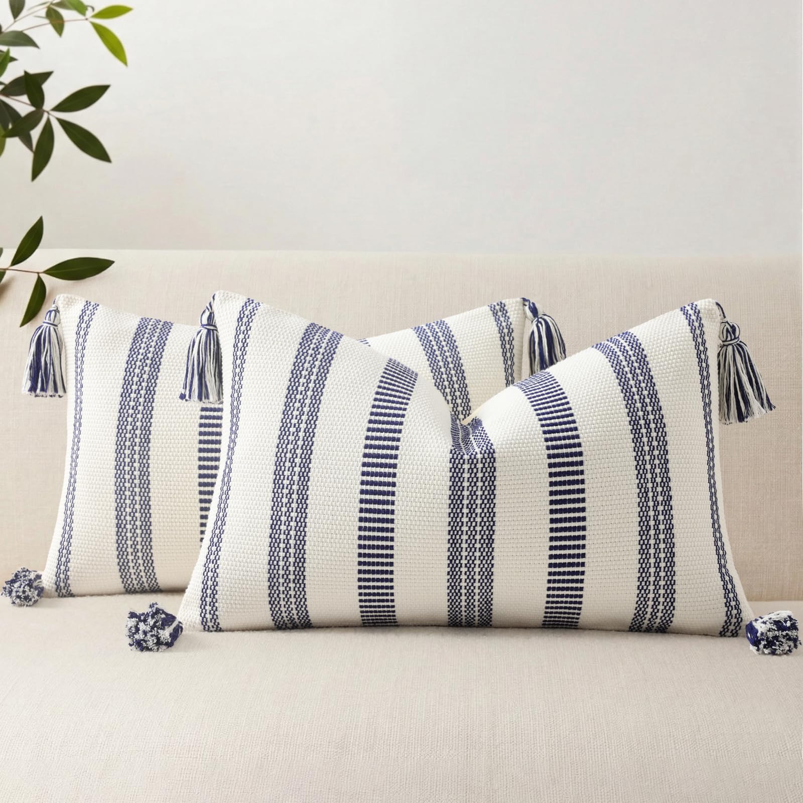 Smile Bee Boho Outdoor Couch Throw Pillow Covers Set of 2 Decorative Thick Woven Striped Accent Neutral Pillow Covers with Tassels for Bed Sofa Home Decor 20x20 Inch, Navy Blue and Cream White
